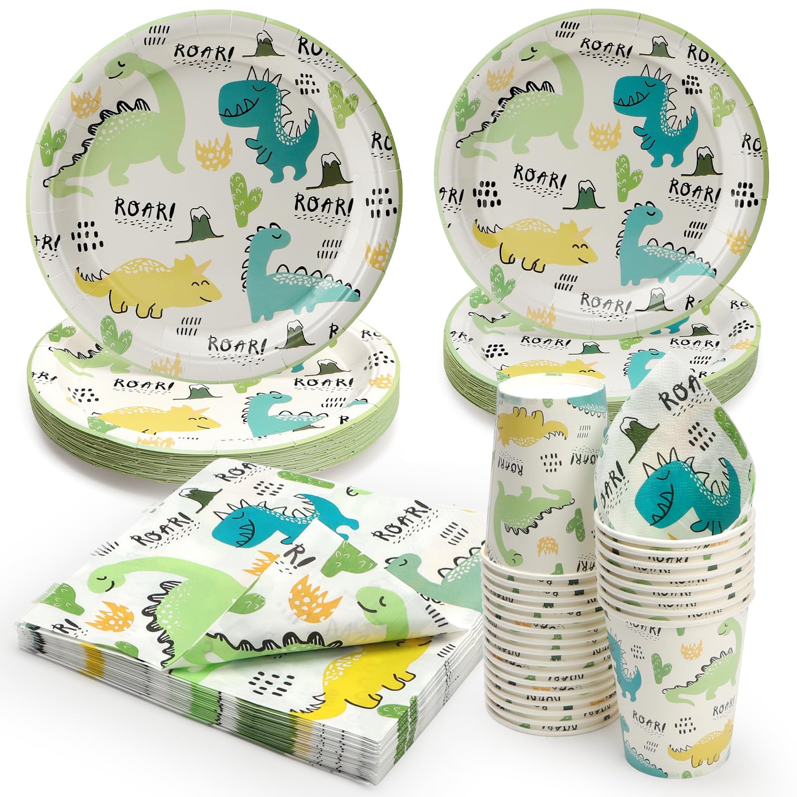 Lot de 96 assiettes et tasses pastel jetables et résistantes dinosaure