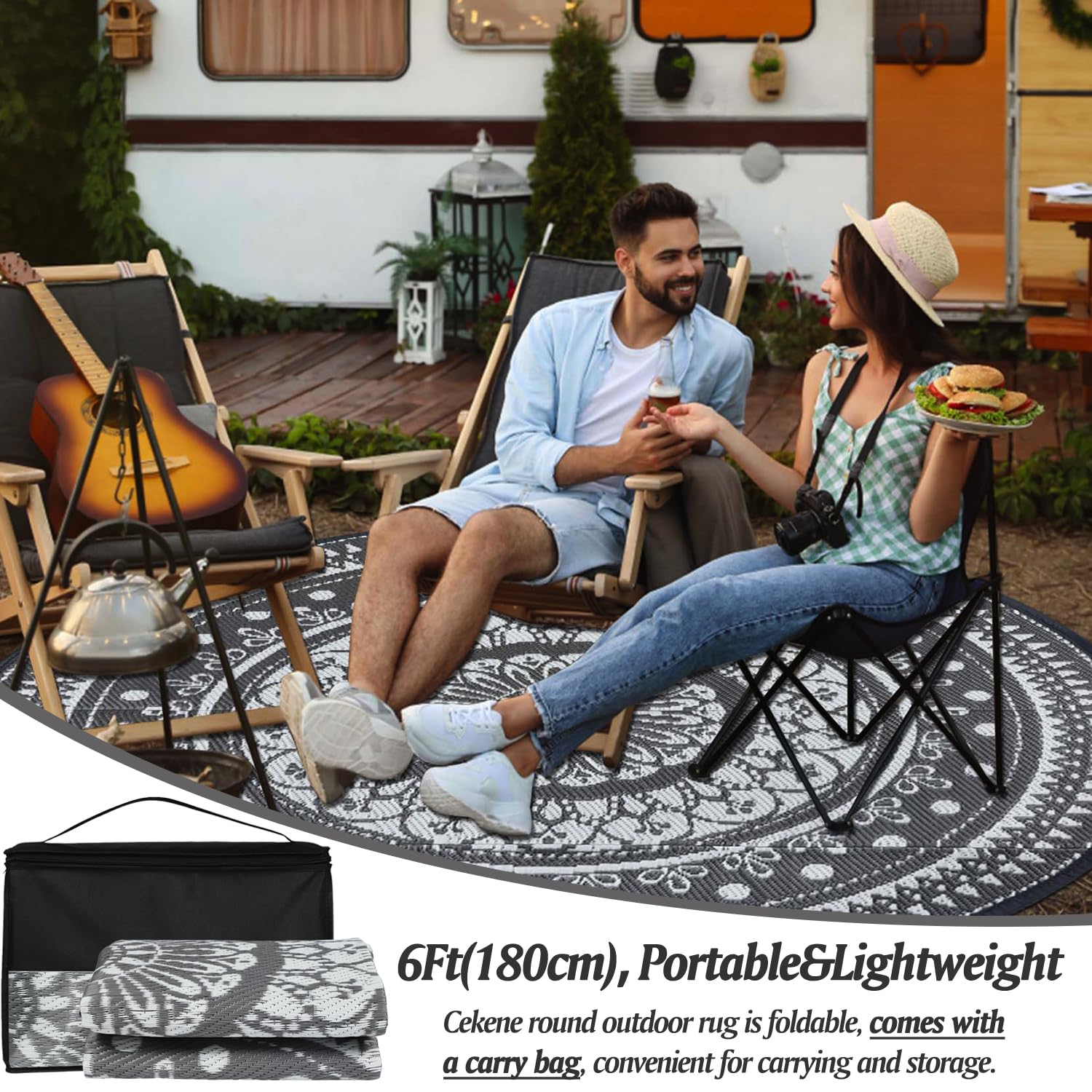 Cekene Round Outdoor Rug Waterproof Large 180cm Grey Reversible Garden Rug Plastic Easy Clean Area Floor Mat for Outdoors Patio Garden RV Trailer Backyard Deck Picnic - Image 2