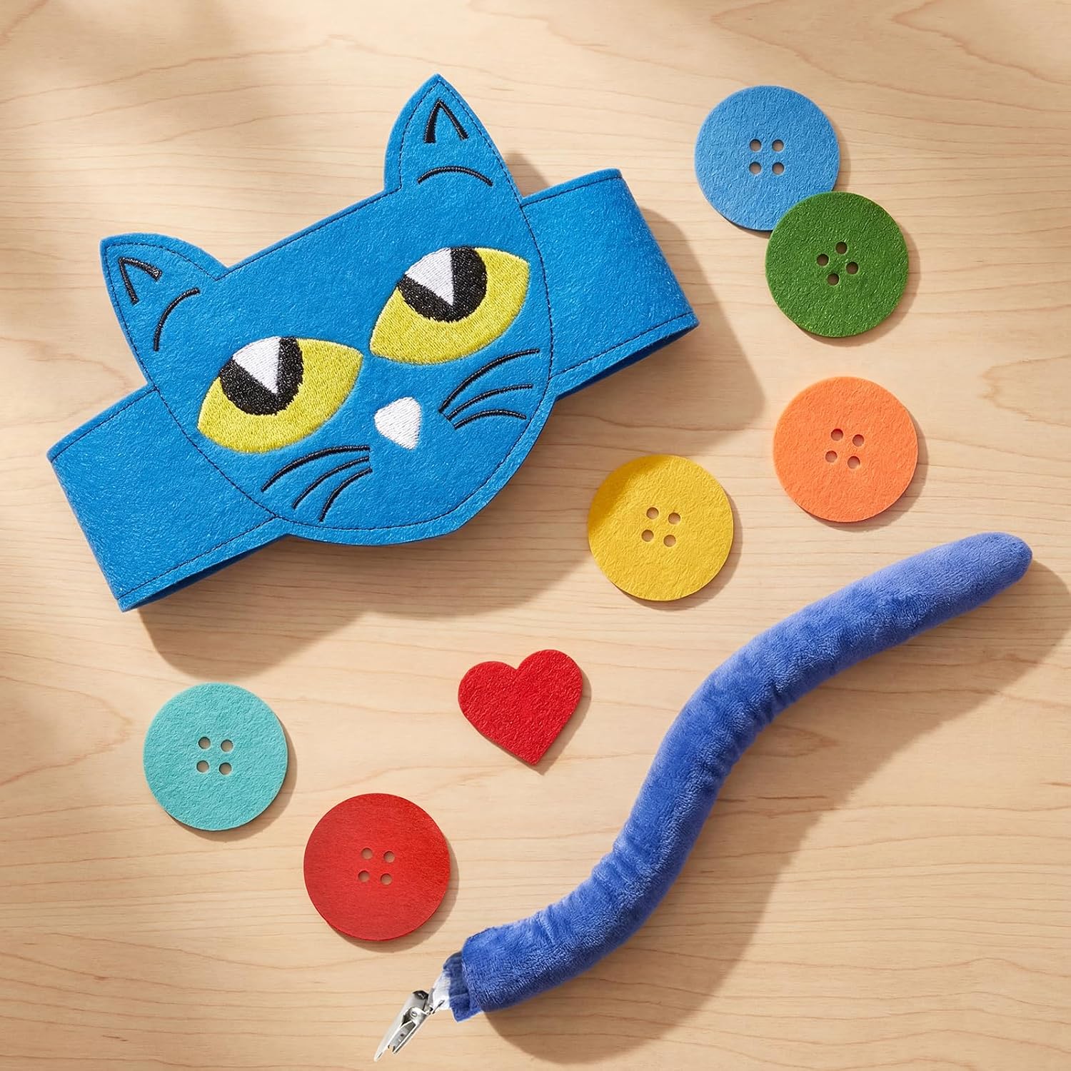 Blue Cat Costume Set with Cat Headband and Tail, Heart Button Stickers Accessories for Read Book Day Dress Up Halloween Party Cosplay