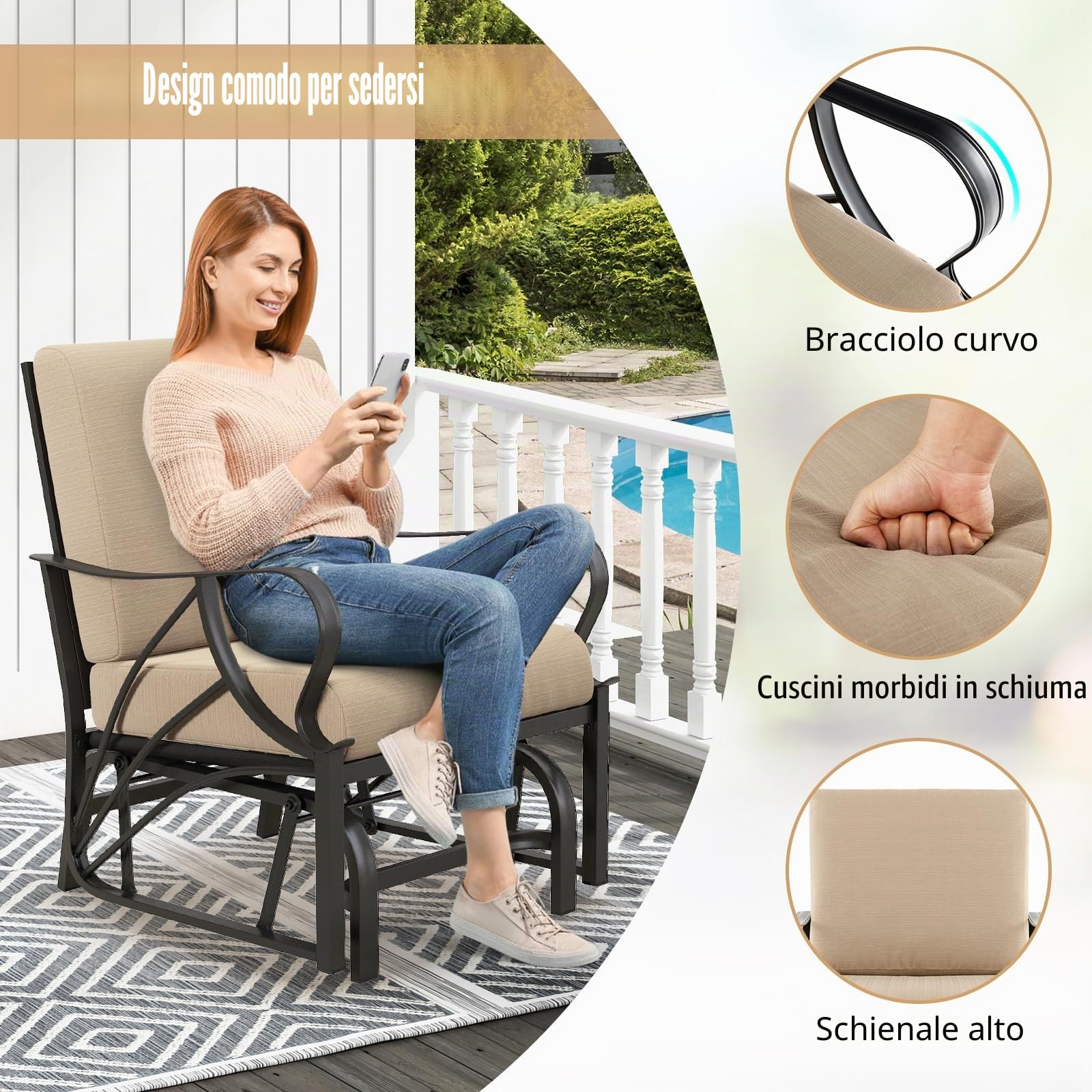 GIANTEX Poltrona a dondolo in metallo con cuscino, sedia a dondolo per adulti, struttura robusta, sedia a dondolo ergonomica, per interni ed esterni, per giardino, terrazza, balcone, soggiorno, carico
