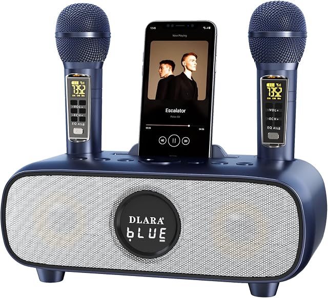 Upgrade Karaoke Machine for Adults and Kids,Portable Bluetooth 2 UHF Wireless Karaoke Microphone with Holder/USB/TF Card/AUX-in, PA Speaker System for Home Party, Picnic,Car,Outdoor/Indoor-Blue