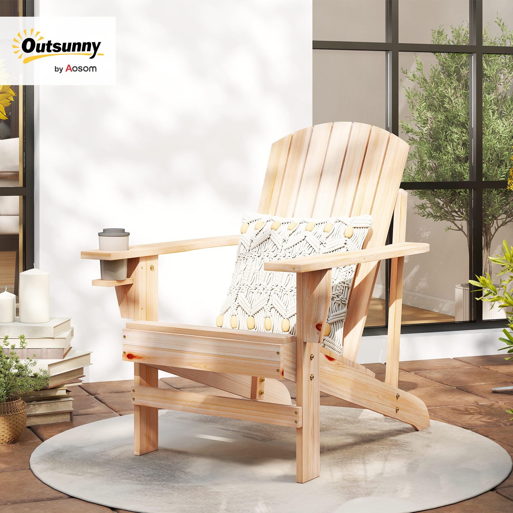 Outsunny Silla Adirondack de Madera Silla de Jardín con Reposabrazos y Respaldo Alto para Terraza Balcón Exterior 72x95x93 cm Natural