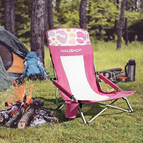 Miniatura 8 de HAUSHOF Paquete de 2 sillas de playa de respaldo alto, silla plegable con respaldo de malla, sillas de camping ligeras de asiento bajo con soporte
