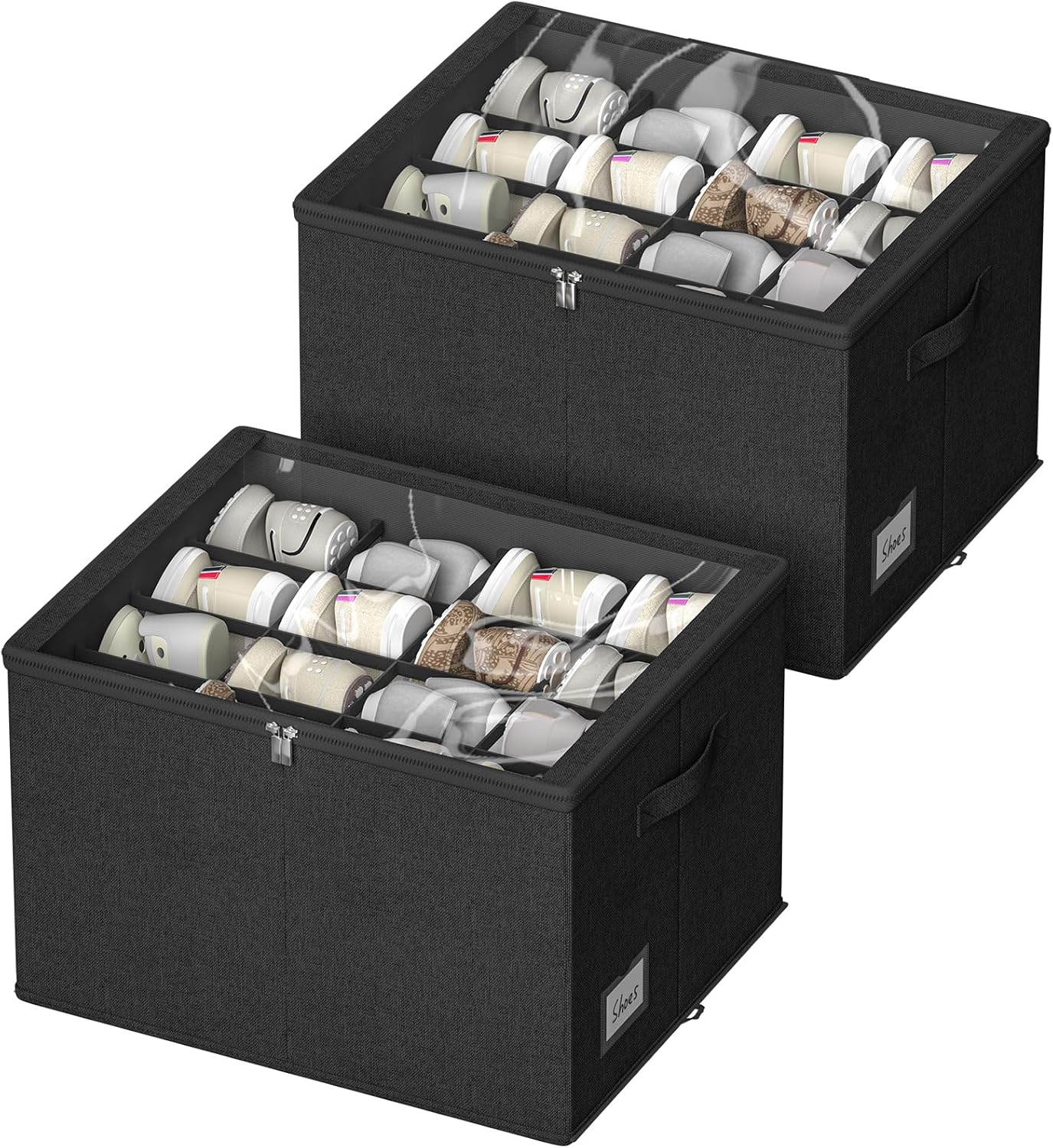 2 Pack Shoe Organizer for Closet - Fits up to 32 Pairs, Foldable Shoe Storage Bins with Clear Cover, Fabric Shoe Storage Containers with Reinforced Handles (Black, 19.7x15.7x12.6in) 19.7x15.7x12.6in Black