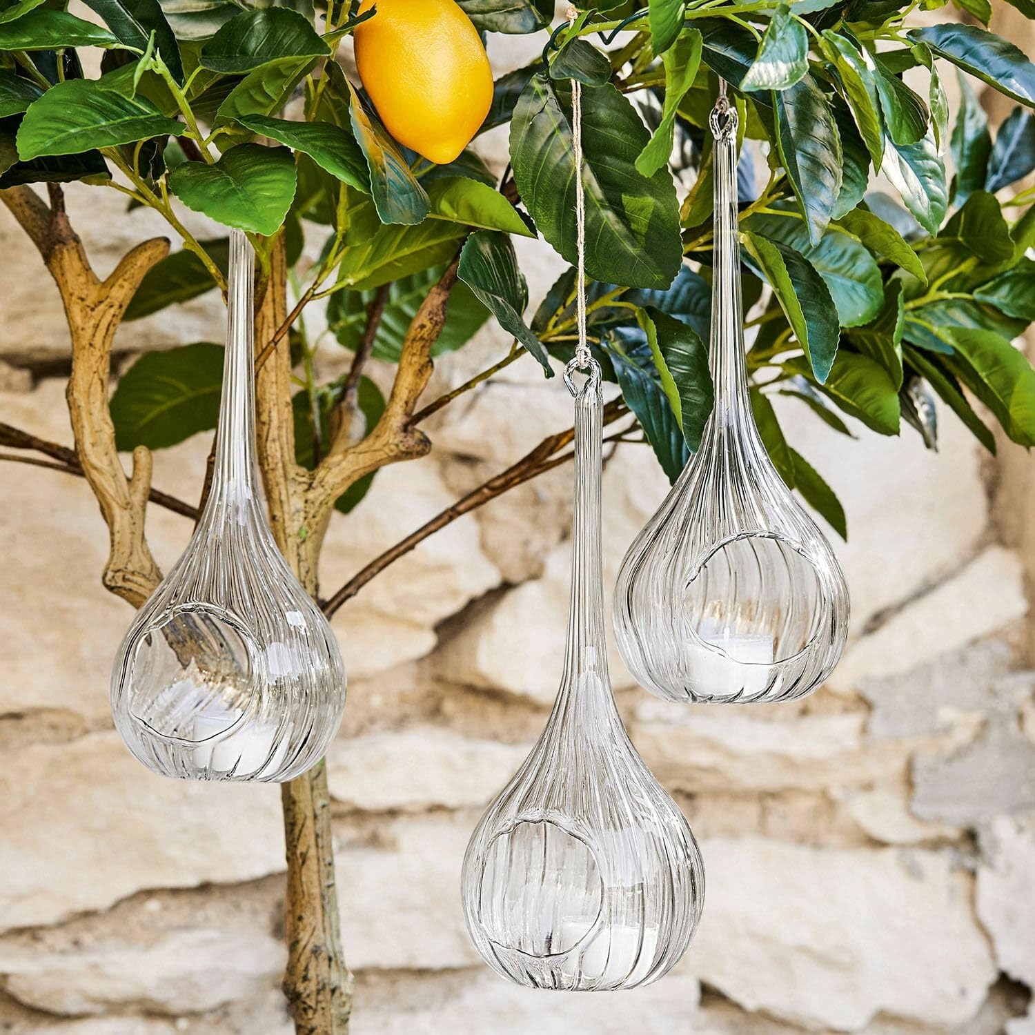 Loberon Hängewindlicht 3er Set Fairlie, klar | mundgeblasen, zarte Riffelung, Öffnung für Teelichter, inkl. Aufhängung, Gartendekoration, Outdoor, Glas, Jute