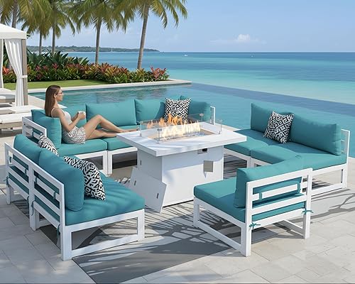 Miniatura 603 de NICESOUL 7 Piece White Powder-Coated Aluminum Patio Furniture with Fire Pit Table, 29 Inch Extra Wide Outdoor Sectional Sofa for 6, High-End Heavy