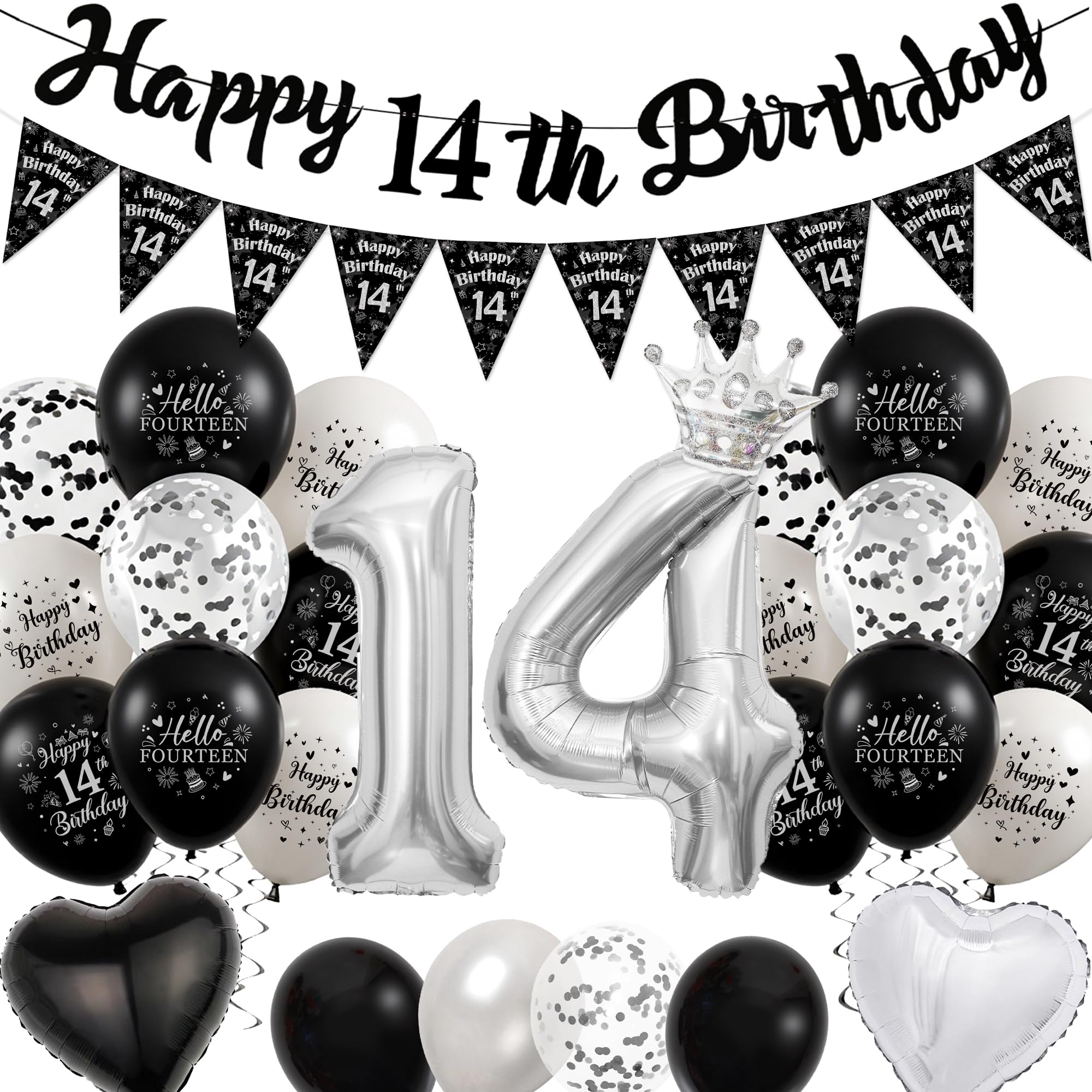 Happy 14th Birthday Party Decorations - Black and Silver Banner Pennant Number 14 Balloons for Boys and Girls, Latex Balloon with Ribbon for 14 Year Old Party