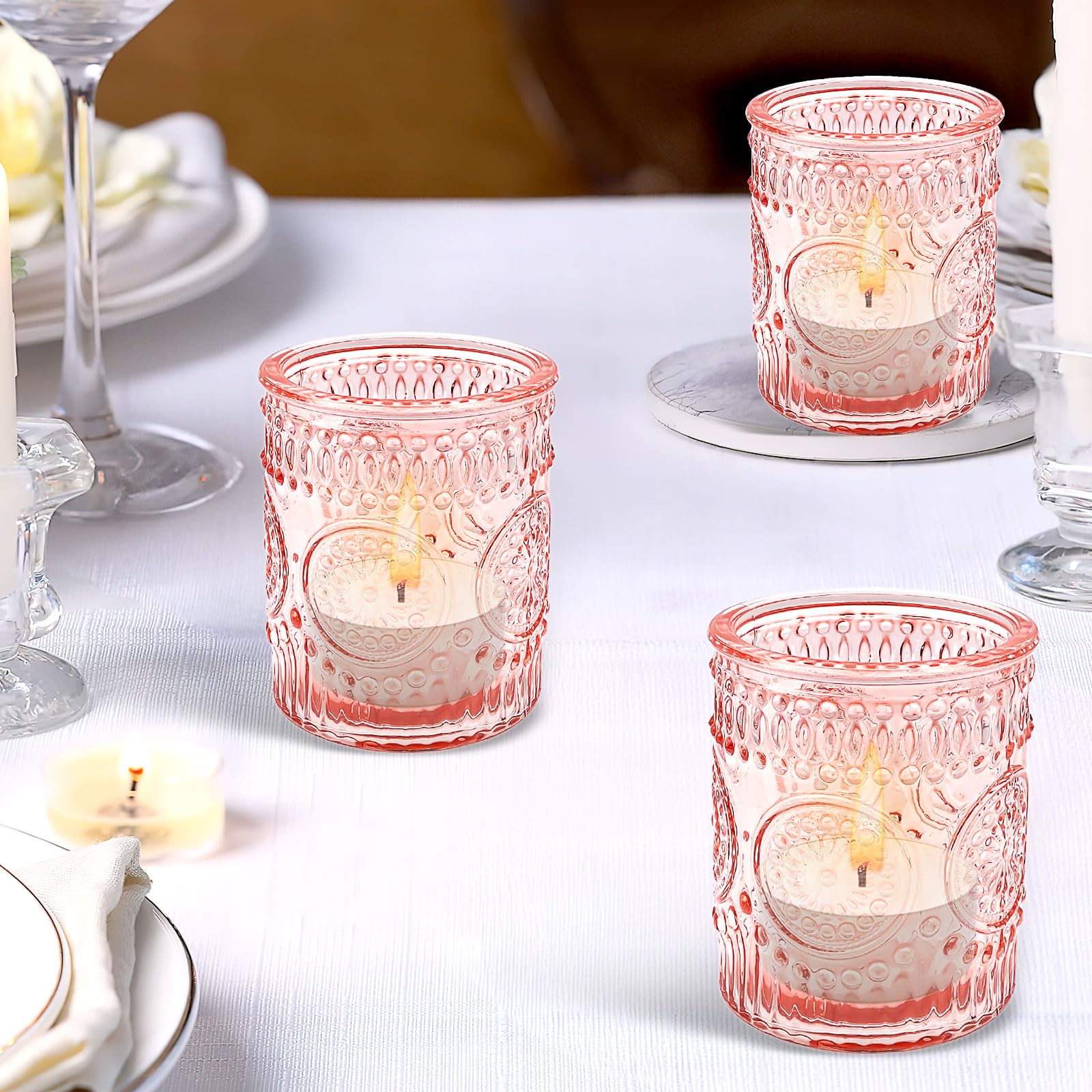 Lot de 24 Rose Photophores en Verre – Bougeoirs Vintage pour Bougies Chauffe-Plat, Déco de Table pour Mariage, Anniversaire, Maison, Fête et Centre de Table (Pilier)