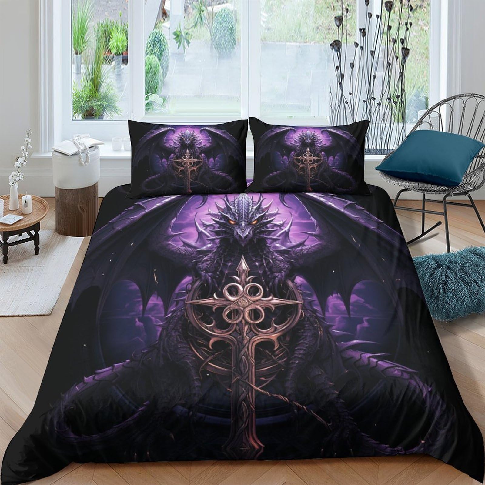 Anime Dragons Duvet Cover Bedding Set,Animal 3D Duvet Cover with Pillowcases, for Soft Microfiber Quilt Cover with Zipper Closure 3 Piece Set King（220x240cm）