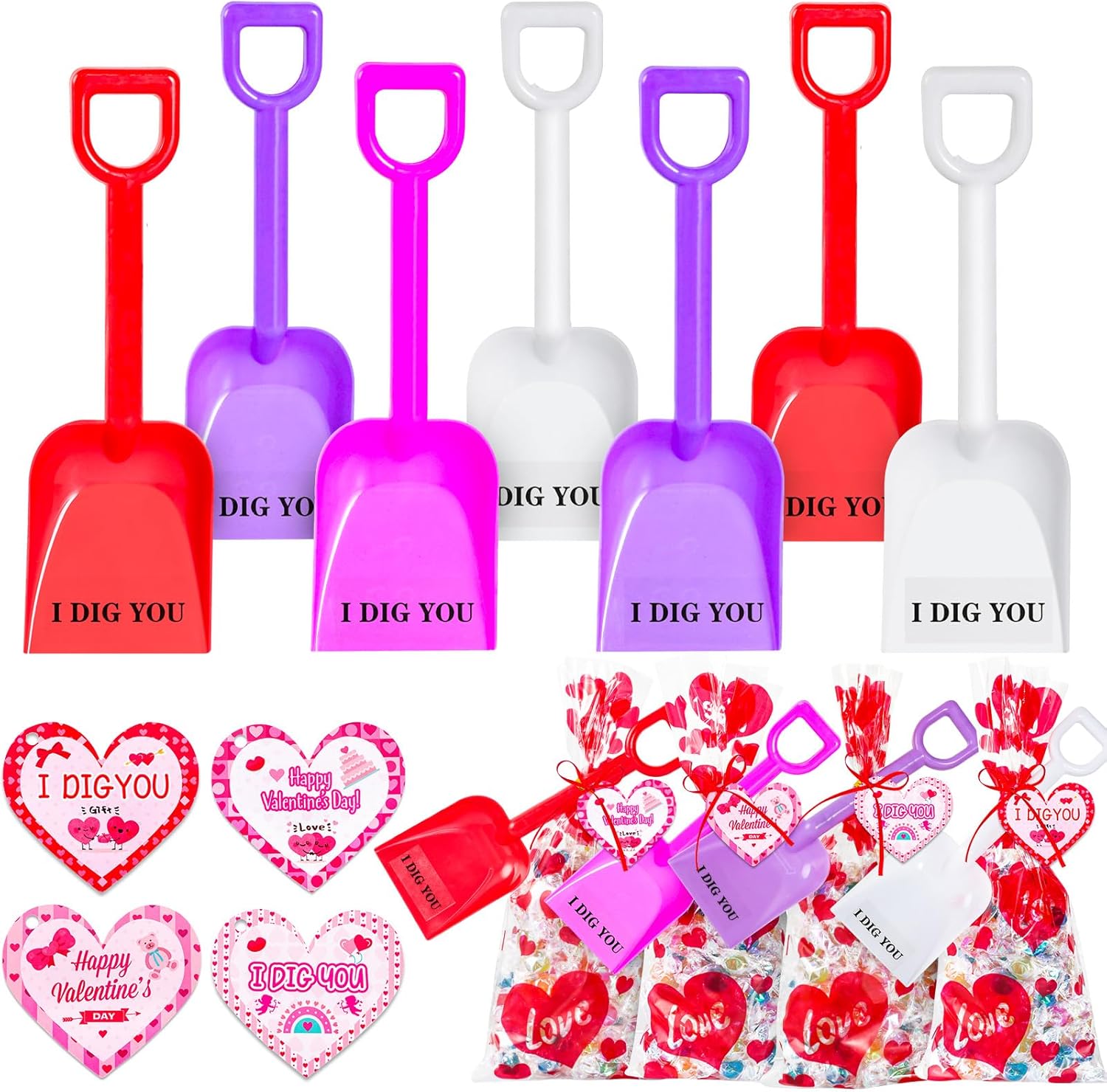 MGparty 24 Pack Valentine's Day Cards with Plastic Shovels, I Dig You Stickers, Gift Bags, School Classroom Exchange Gifts for Kids