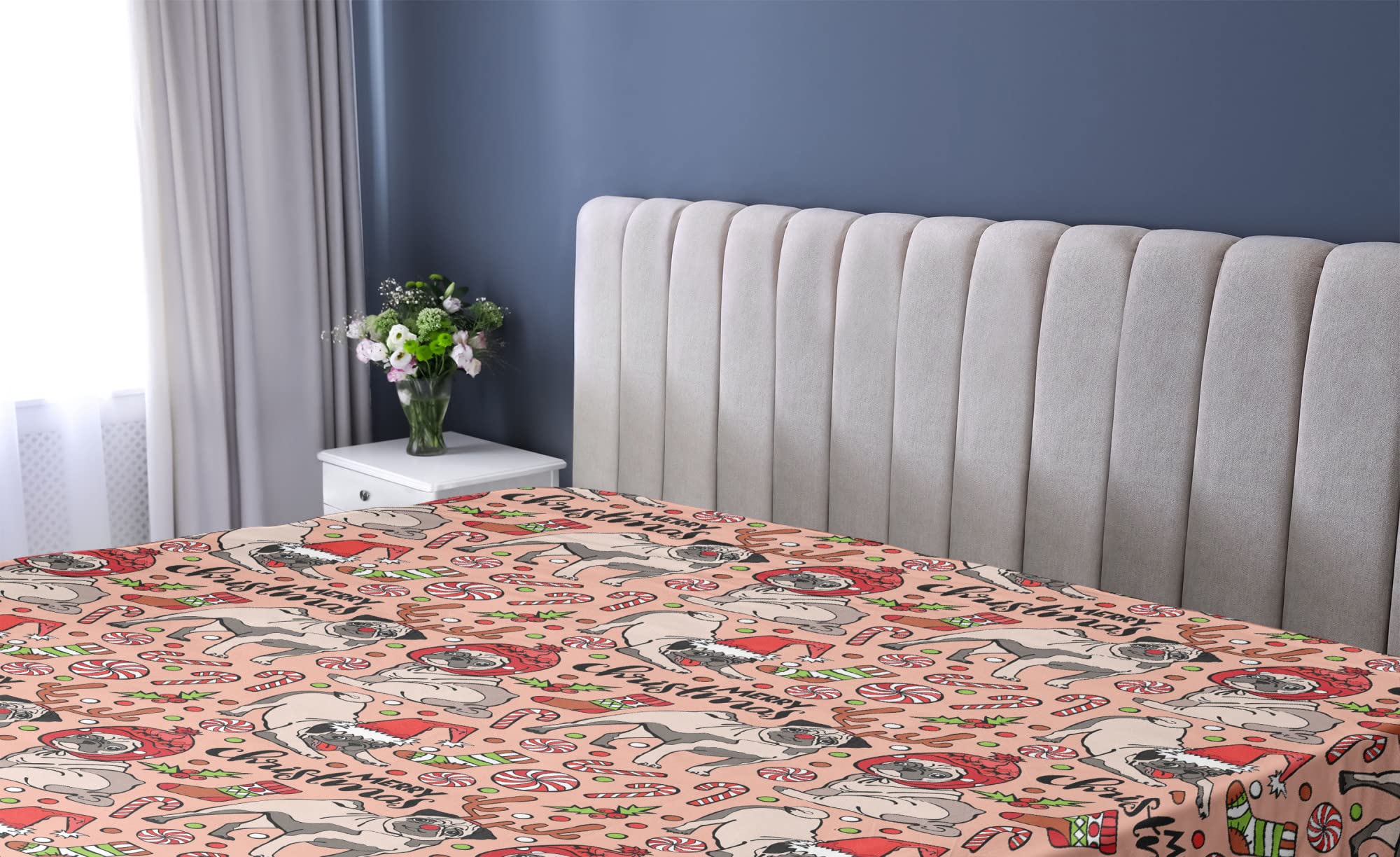 Ambesonne Pug Fitted Sheet, Merry Christmas Dogs Celebrating The Holiday Comedy Image Antlers Hats Candy Cones, Bed Cover with All-Round Elastic Deep Pocket for Comfort, Twin XL Size, Green Rose