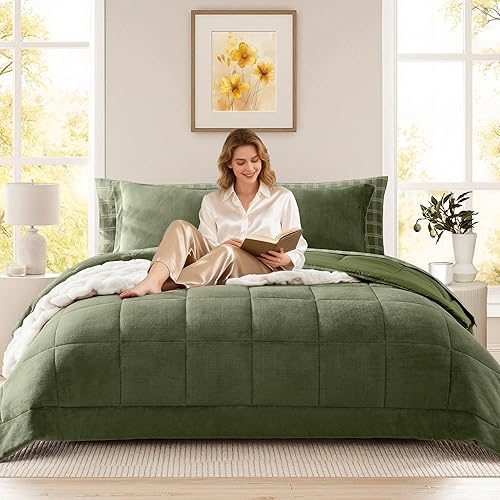 Miniatura 9 de Juego de cama de lujo en una bolsa, tamaño matrimonial, juego de ropa de cama de franela de felpa de 7 piezas de color azul claro, edredones de