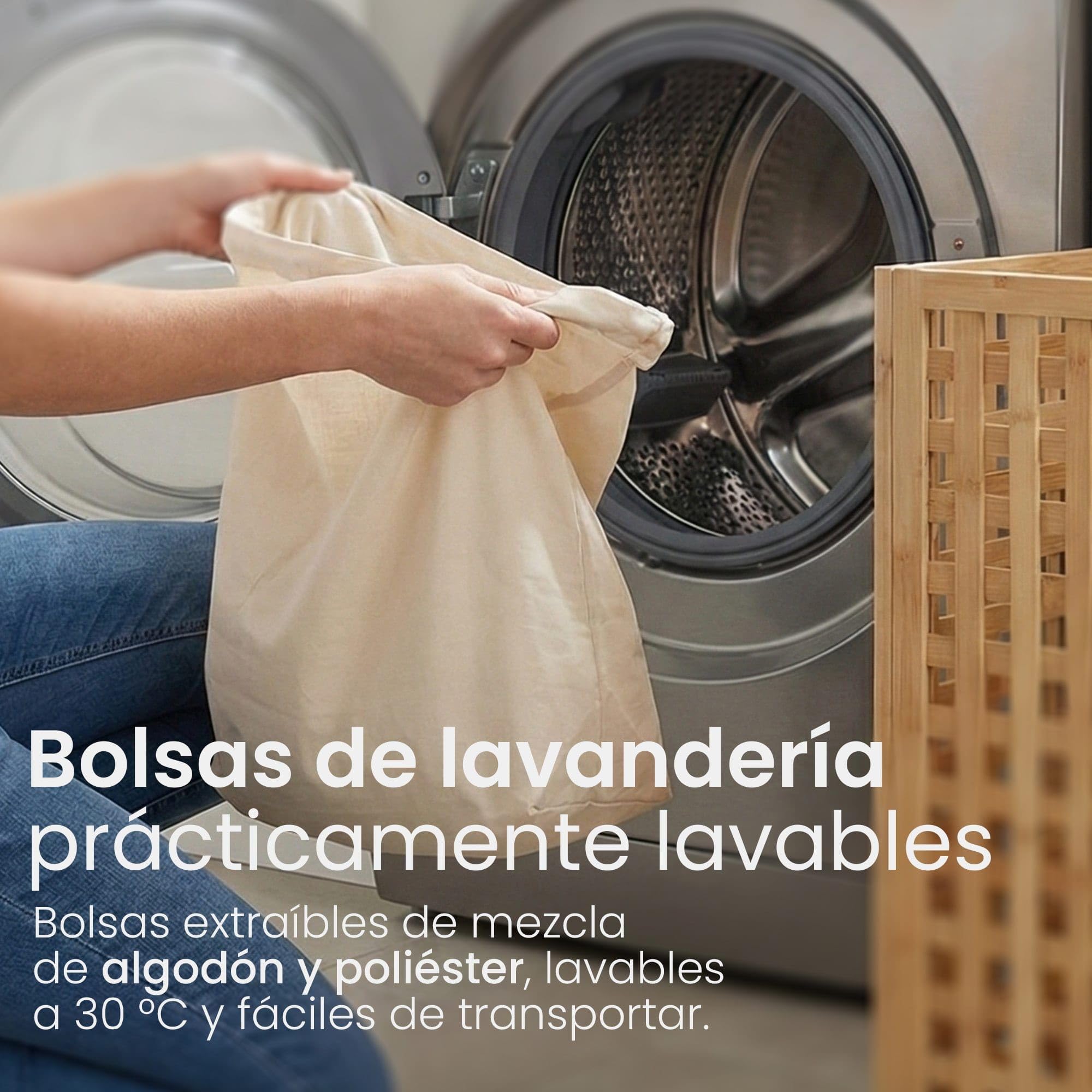 CLP Lenca - Cesto para la ropa sucia (madera, 90 L, lavable, marco de bambú, para baño, color natural)