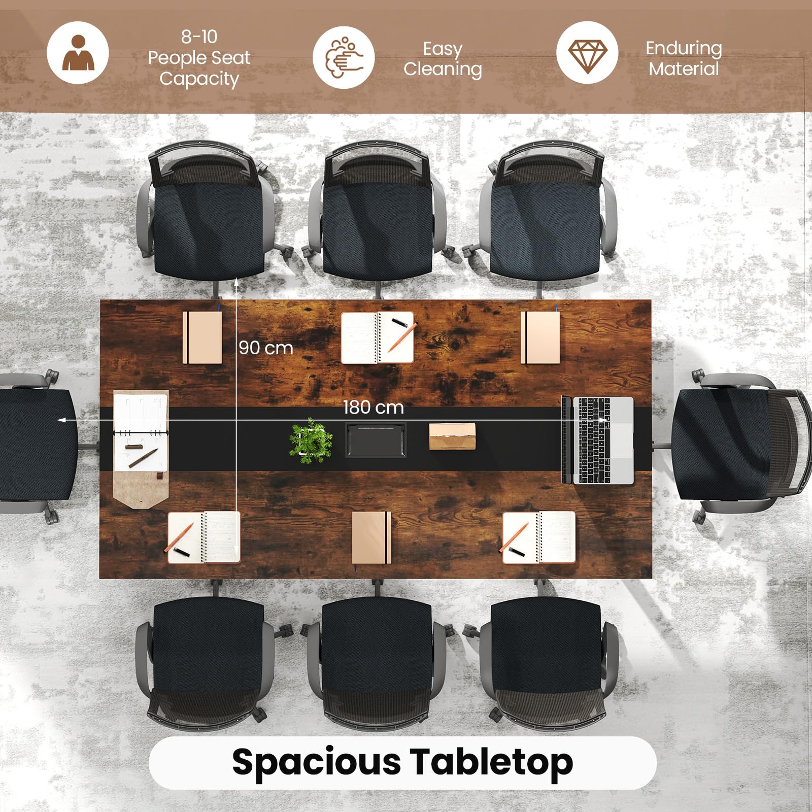 LIFEZEAL Table de Conférence Rectangulaire 180x90x75,5 cm, Table de Réunion 8-10 Personnes, Bureau de Séminaire avec Trou de Câble, Plateau en Bois et Cadre en Métal, Style Industriel