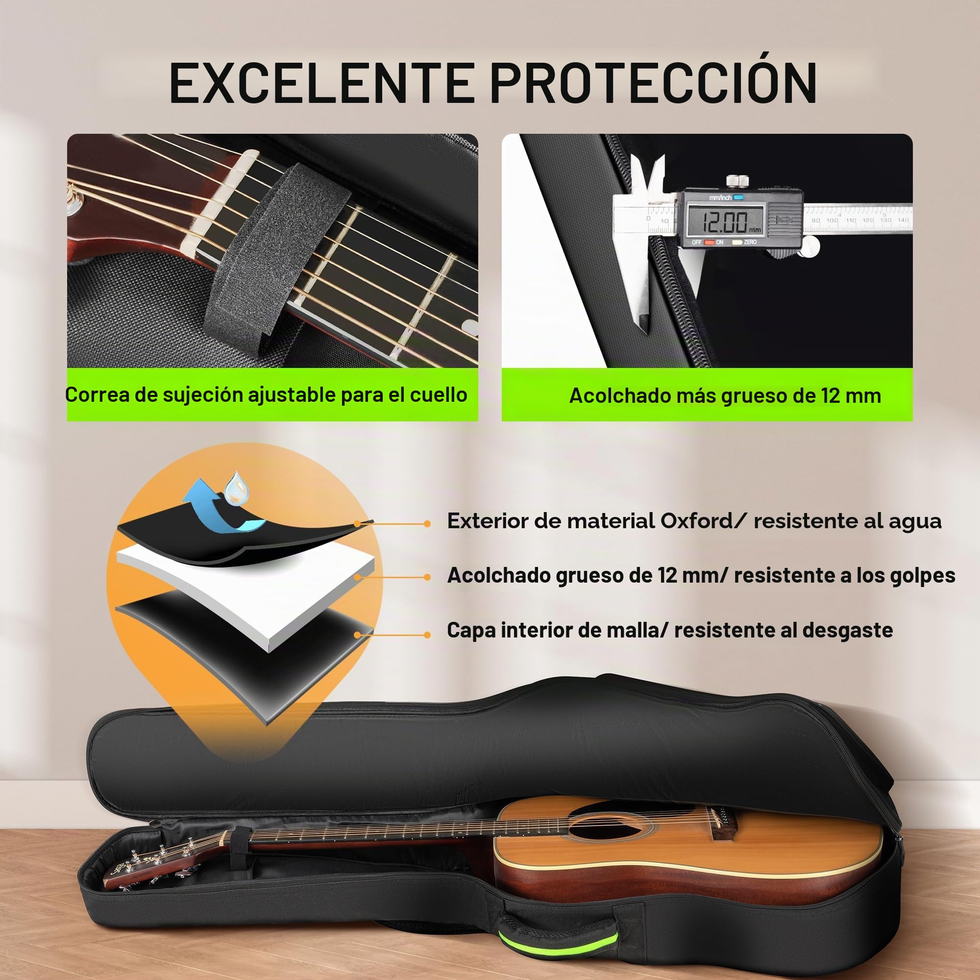 CAHAYA Funda para Guitarra Acústica - Bolsa Suave con Parche Adhesivo Personalizable Bolsillo Lateral para Botella de Agua Acolchado de 12 mm Material Resistente al Agua para 40 41 42 Pulgadas