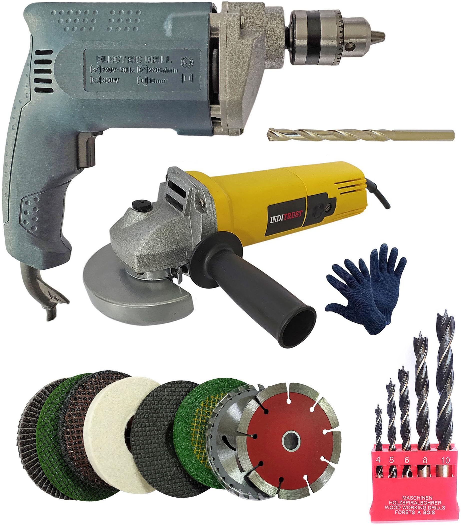 Inditrust 100% Copper Winding 6 Month Warranty 10mm Electric drill machine & Electric Angle Grinder Machine 100mm 8pcs Wheel Combo 5pc Wood 1pc Masonry & GLOVES (Pack of 13) (B0D6RTBC9N) Amazon Price History, Amazon Price Tracker