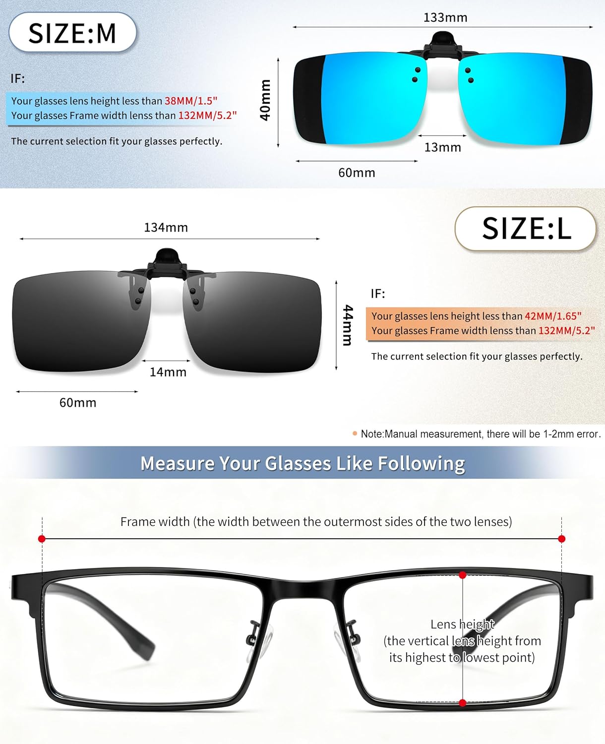 Joopin 2 Pack Polarized Clip on Sunglasses over Glasses, Rectangle Flip up Sun Glasses UV Protection Women Men - Image 6