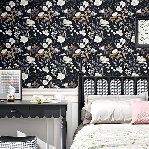 Miniatura 5 de Papel tapiz floral azul oscuro para despegar y pegar, papel de contacto de hojas bohemias, papel de contacto con flores oscuras, extraíble,