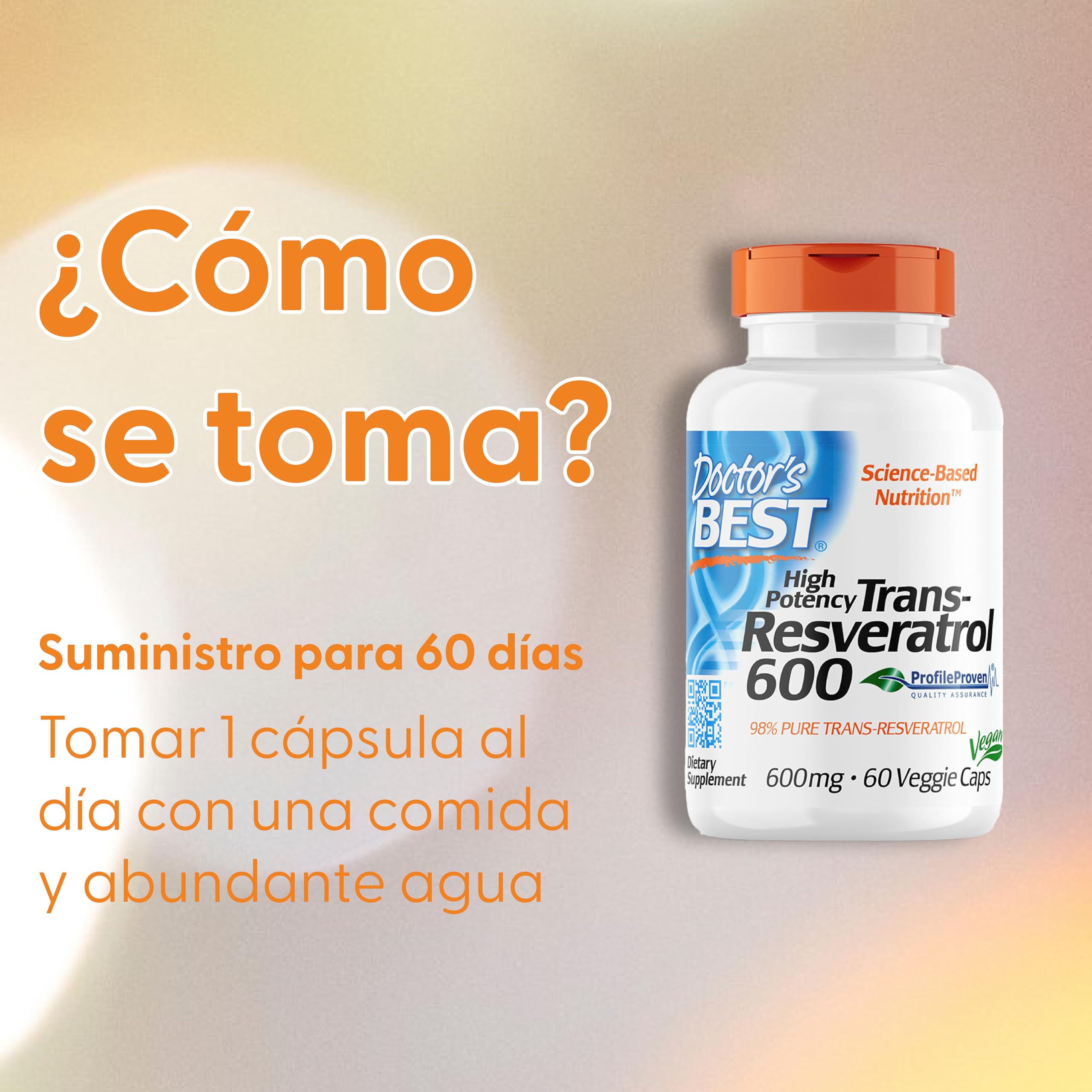 Doctor's Best, Trans-Resveratrol de Alta Potencia, 600mg, 60 Cápsulas veganas, Probado en Laboratorio, Sin Gluten, Sin Soja, Vegetariano