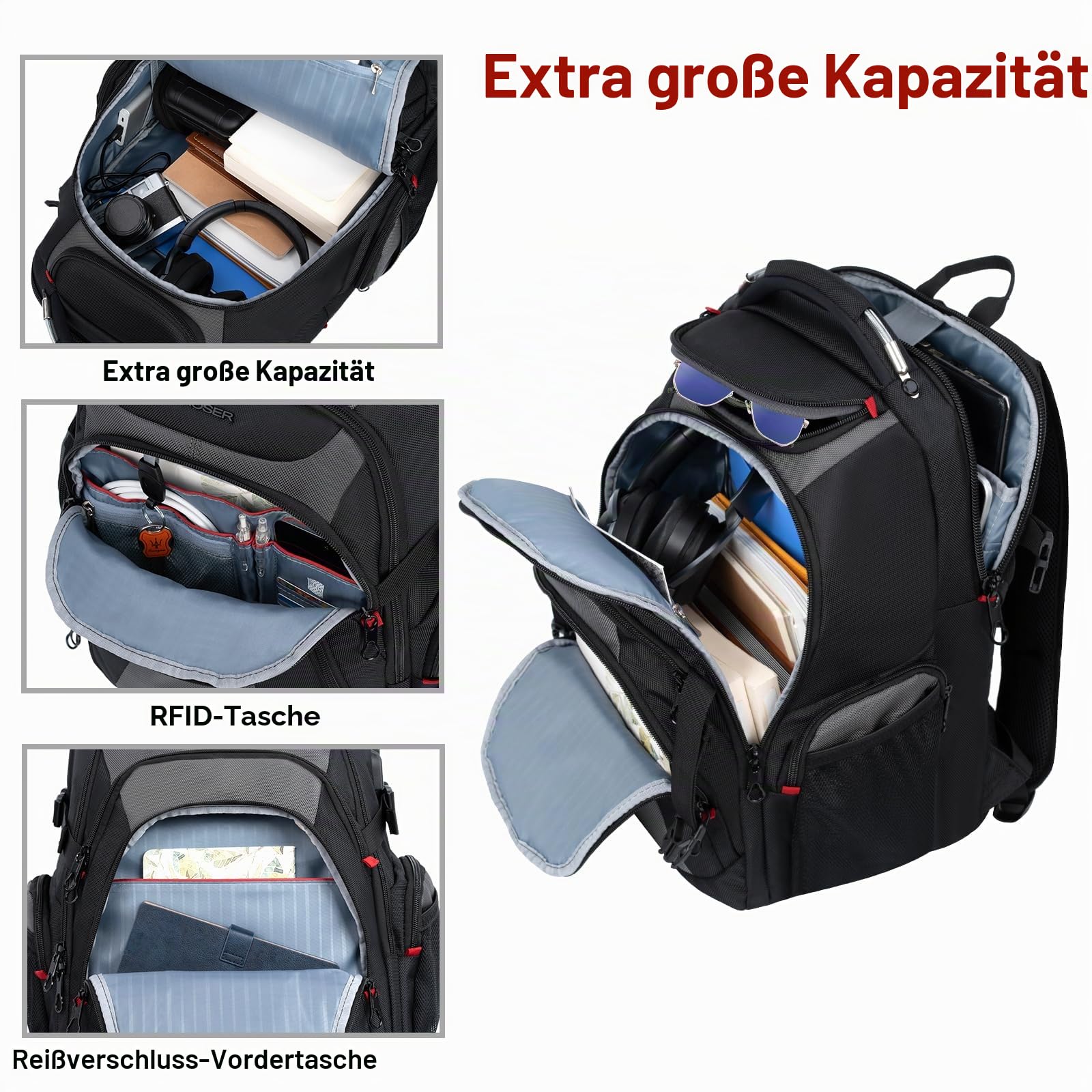 KROSER Laptop Rucksack Herren 17,3 Zoll Reise XL BusinessRucksack Schwerlast Wasserdicht mit Hartgeschältem Sicherheitsraum Ladeanschluss RFID Tasche für Männer/Frauen-Schwarz Grau