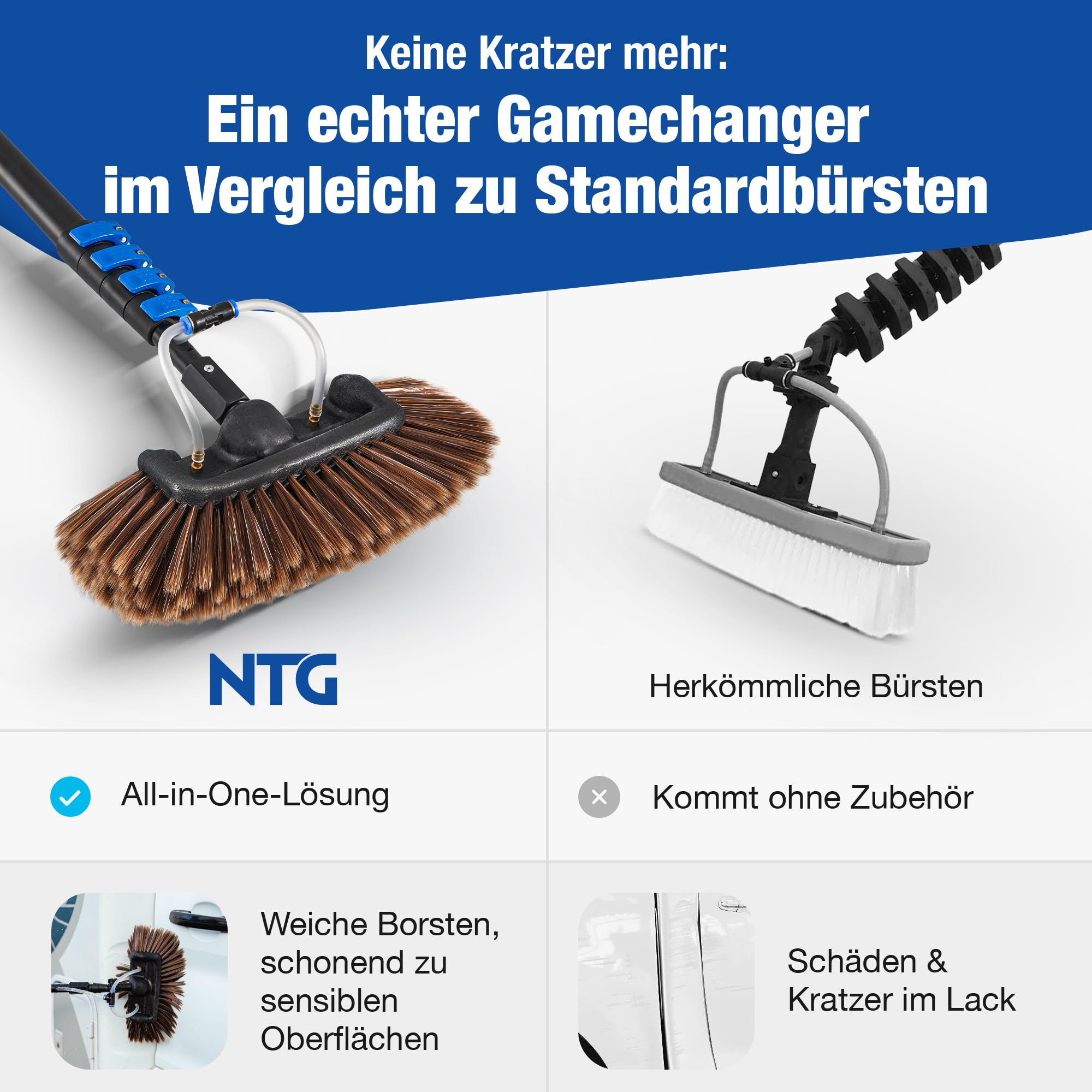 NTG Cepillo de lavado telescópico, 4,6 m, cabezal 3 en 1 con cerdas extrasuaves, paño de microfibra y extractor + conector de agua, set de limpieza para jardín de invierno, sistema de PV, cepillo de