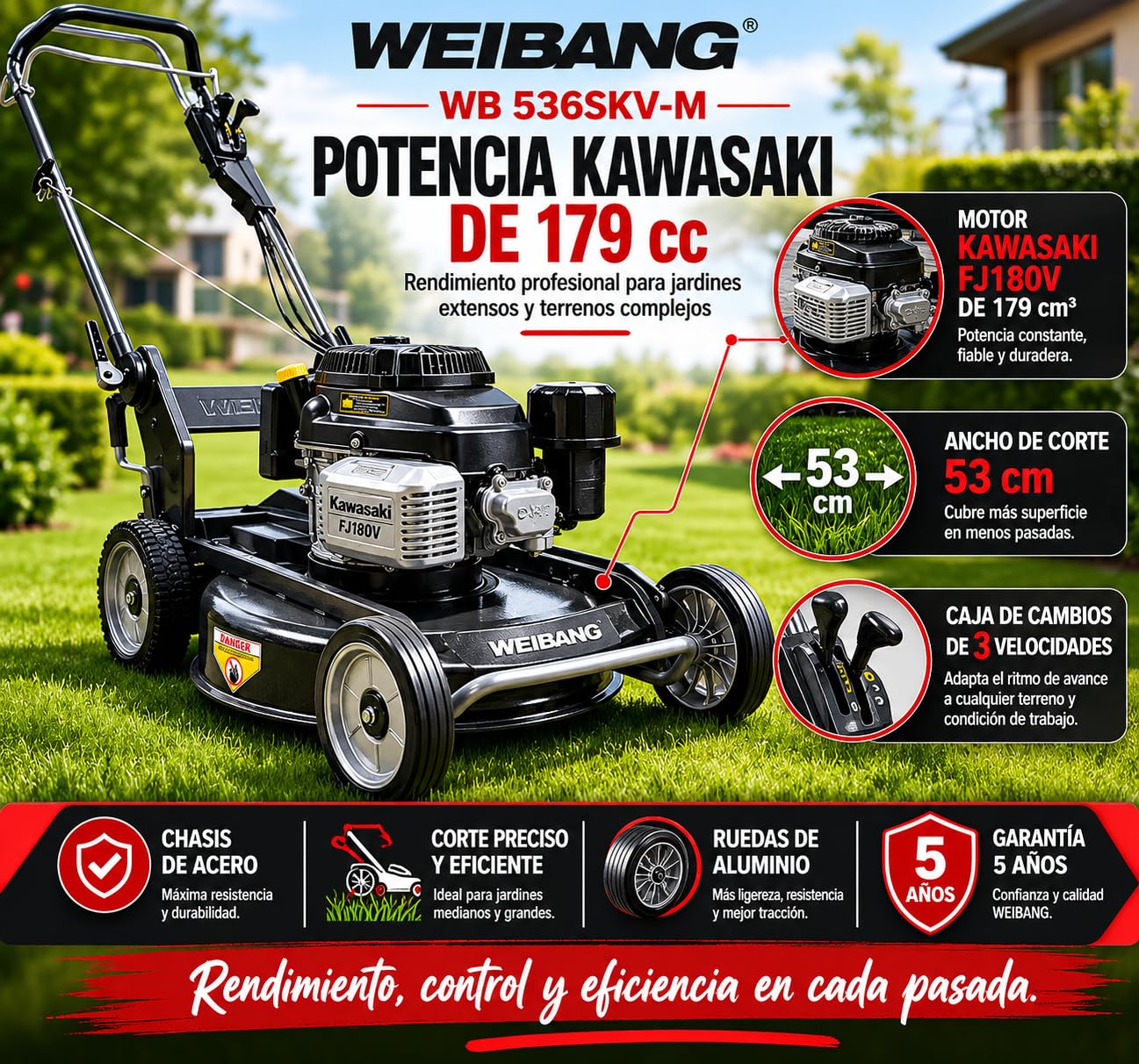 WEIBANG Cortacésped a Gasolina WB 536SKV-M, Motor Kawasaki 179 CC, Corte 53 cm, Chasis de Acero, 3 Velocidades