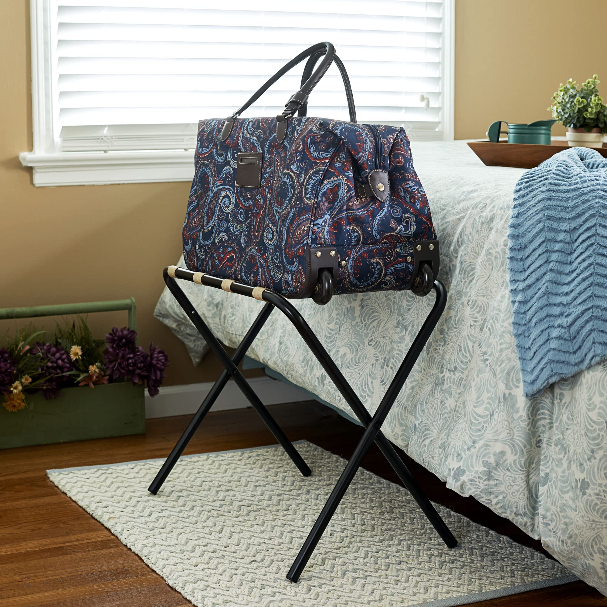 Household Essentials Luggage Rack, Black Frame with Khaki Straps