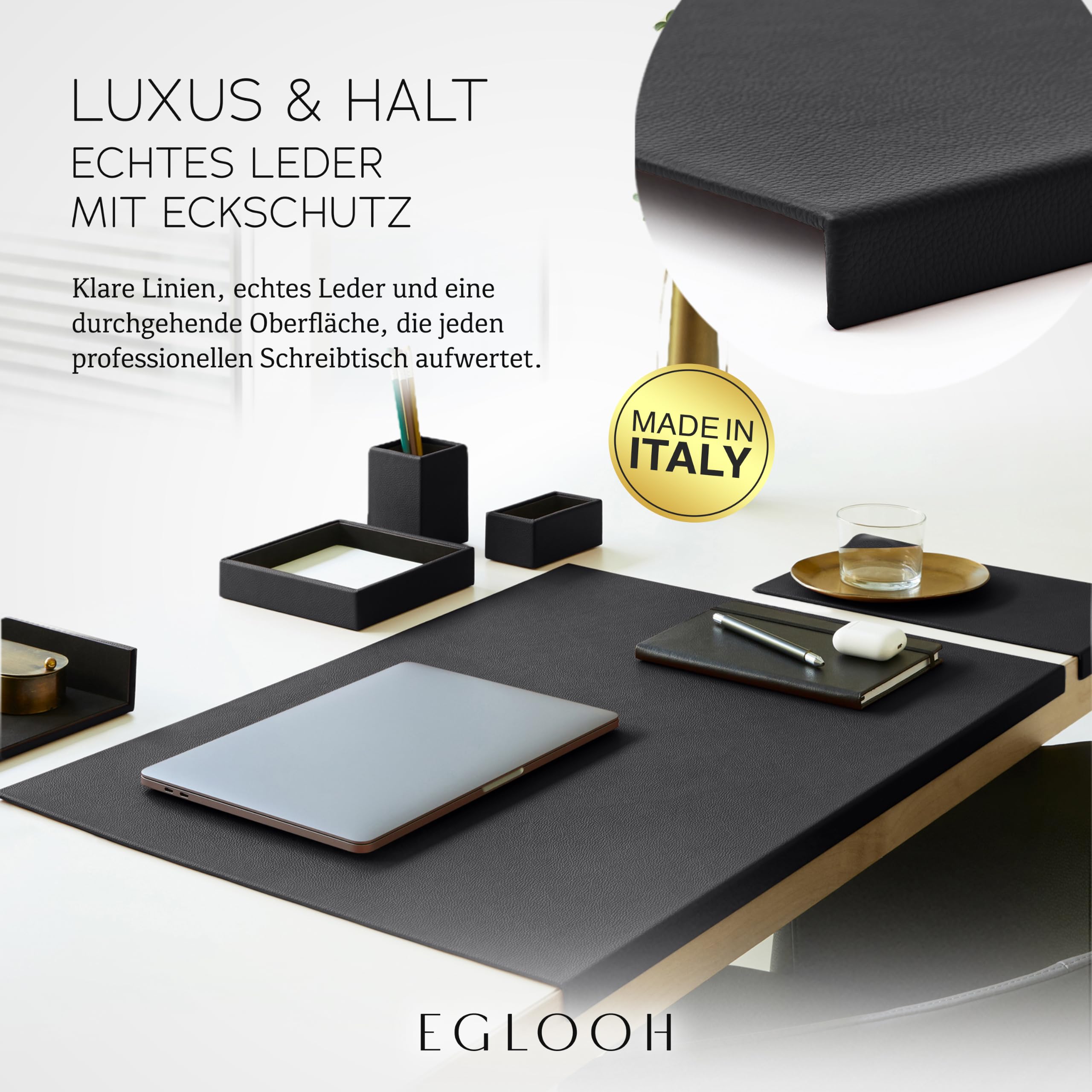 Eglooh - Adamantis - Schreibtischunterlage Echtleder mit Kantenschutz - Leather Desk Mat Nahtlos & Rutschfest - Büro Zubehör Made in Italy