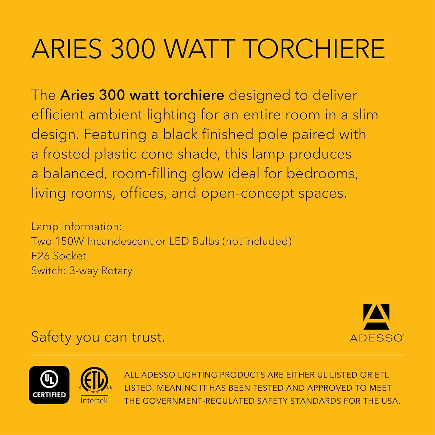 Adesso Black Torchiere Floor Lamp with Frosted White Shade - 300W Double Socket Construction, Modern Accent Lighting for Bedroom, Living Room, or Home Office, 73” Tall