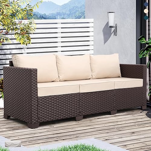 Miniatura 3 de Muebles de patio de 3 asientos, sofá de mimbre para exteriores, sofá de exterior, asiento profundo, respaldo alto, cojines antideslizantes, color