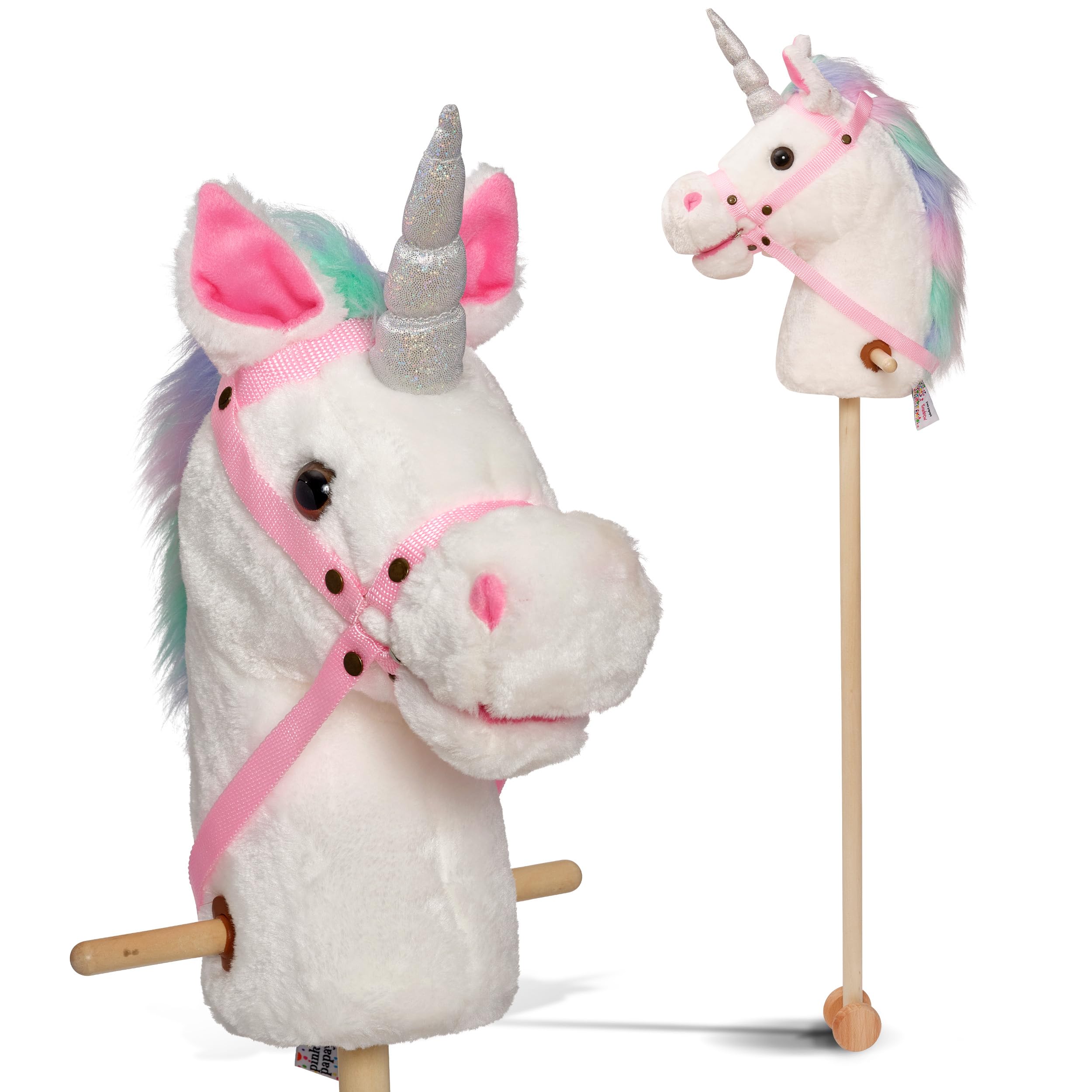 Pink Papaya Hobby Horse, Tęczowy, uroczy konik wykonany z materiału z funkcją dźwiękową: rżenie i odgłos galopu