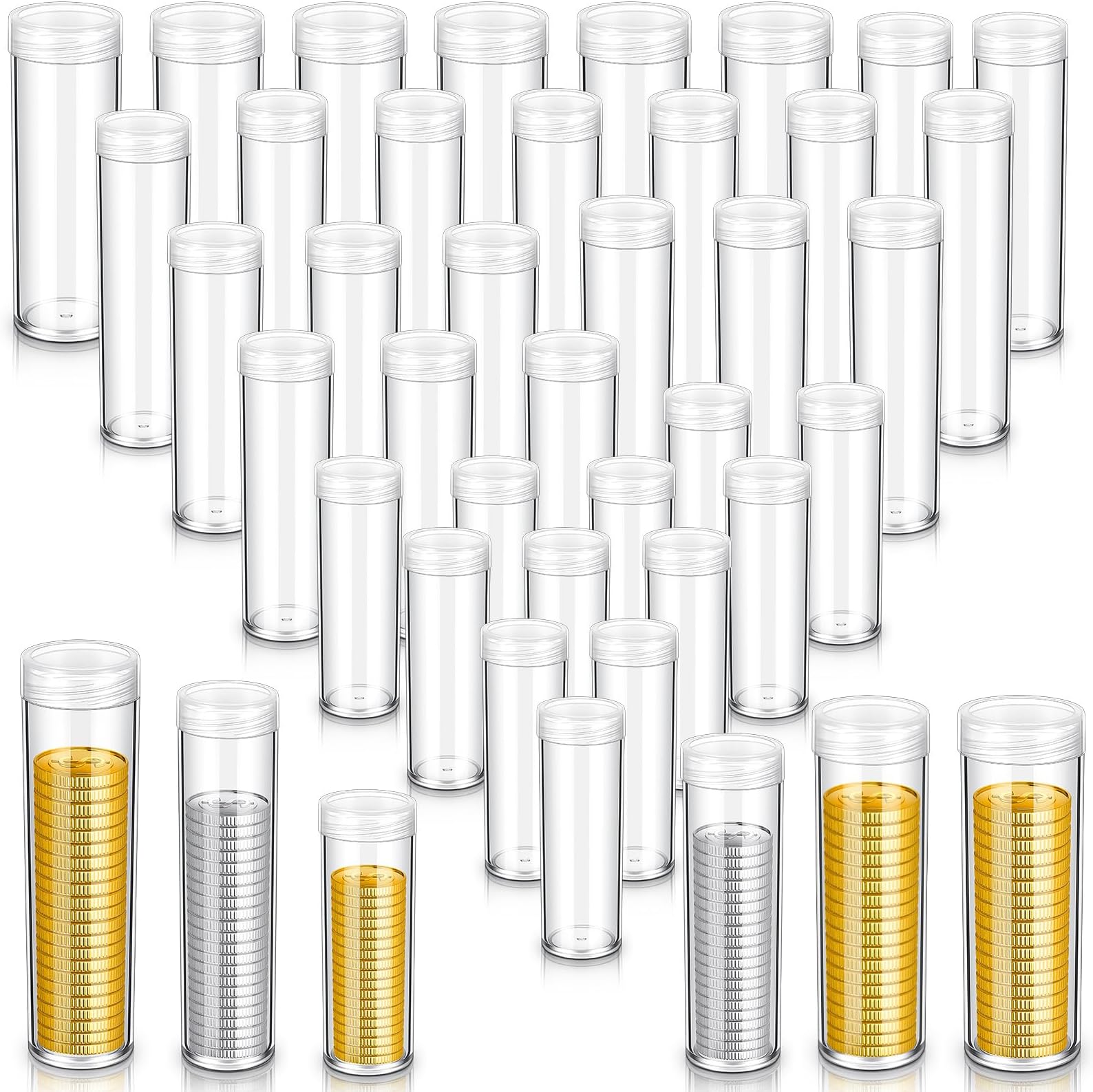 Yaomiao 36 Pcs Plastic Coin Tubes Assorted Sizes 12 Nickel
