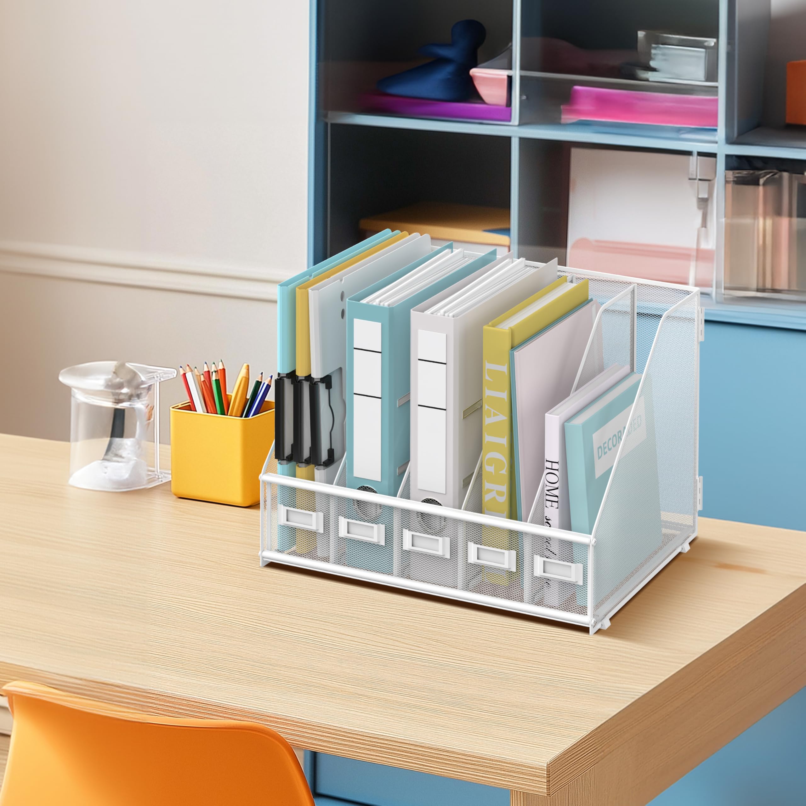 SUPEASY Schreibtisch Organizer Metall Schreibtisch Magazin Aktenhalter mit 5 vertikalen Fächern Rack Datei Organizer für Büro Desktop, Home Workspace, Weiß