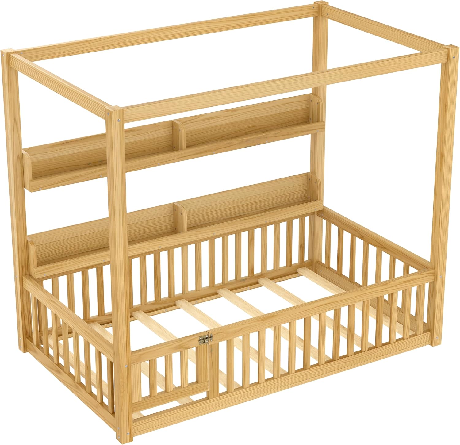 GOWE Twin Size Canopy Bed with Guardrails, Solid Wood Floor Bed with Shelves, Montessori Floor Bed Frame for Kids, Boys, Girls, No Spring Box Needed, Natural