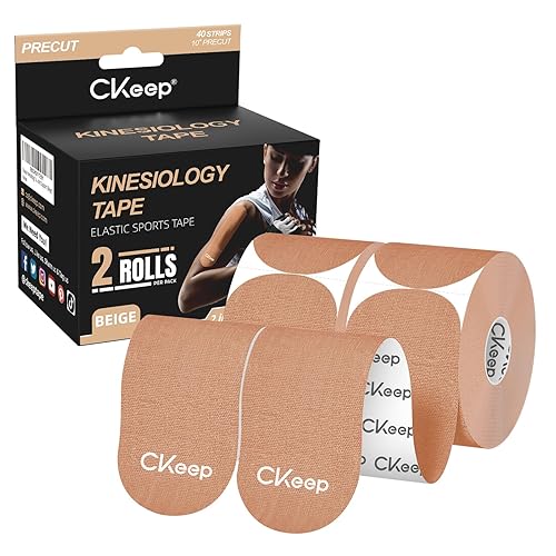 CKeep Kinesiology Tape, 2 Rolls Cotton Latex Free Hypoallergenic Elastic Precut Strips, 2 Inch Wide Waterproof Athletic Tape for Knees Pain Injuries Sprains, Beige - Beige