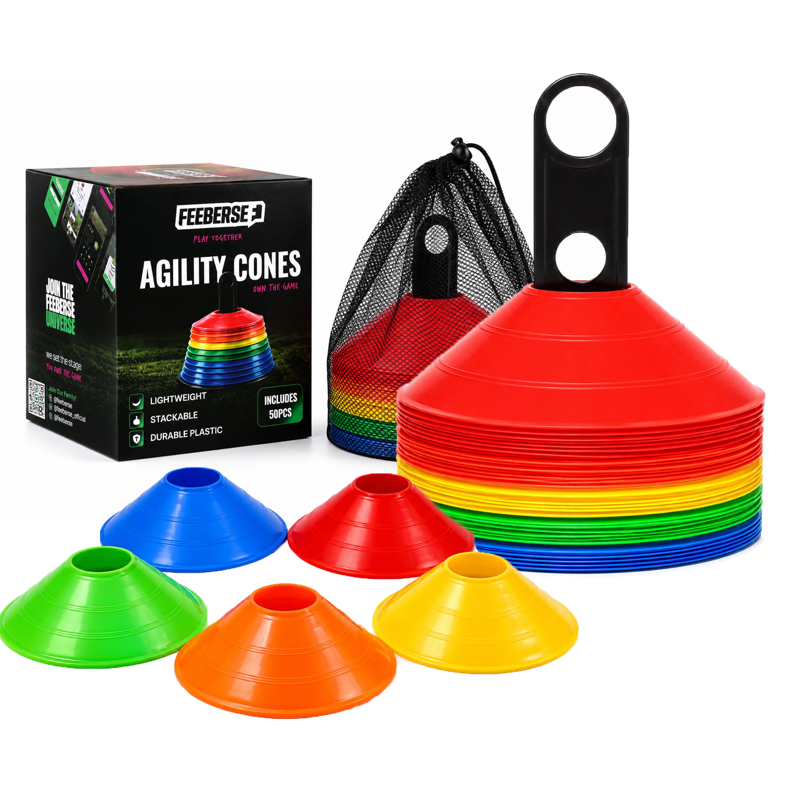 50 coni di agilità, coni da calcio con supporto, 5 colori, per allenamento velocità/agilità, calcio, basket, hockey, golf, interno/esterno.