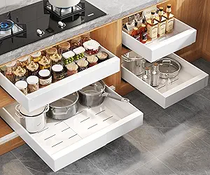 4 Pack Expandable Pull Out Cabinet Organizer 21"Deep With Raising Pad for Framed Cabinets,Upgrade 3 Slide Rails Slide Out Drawers,No Drill Roll Out Shelves,Adjustable Width 12.1"-20.4" White