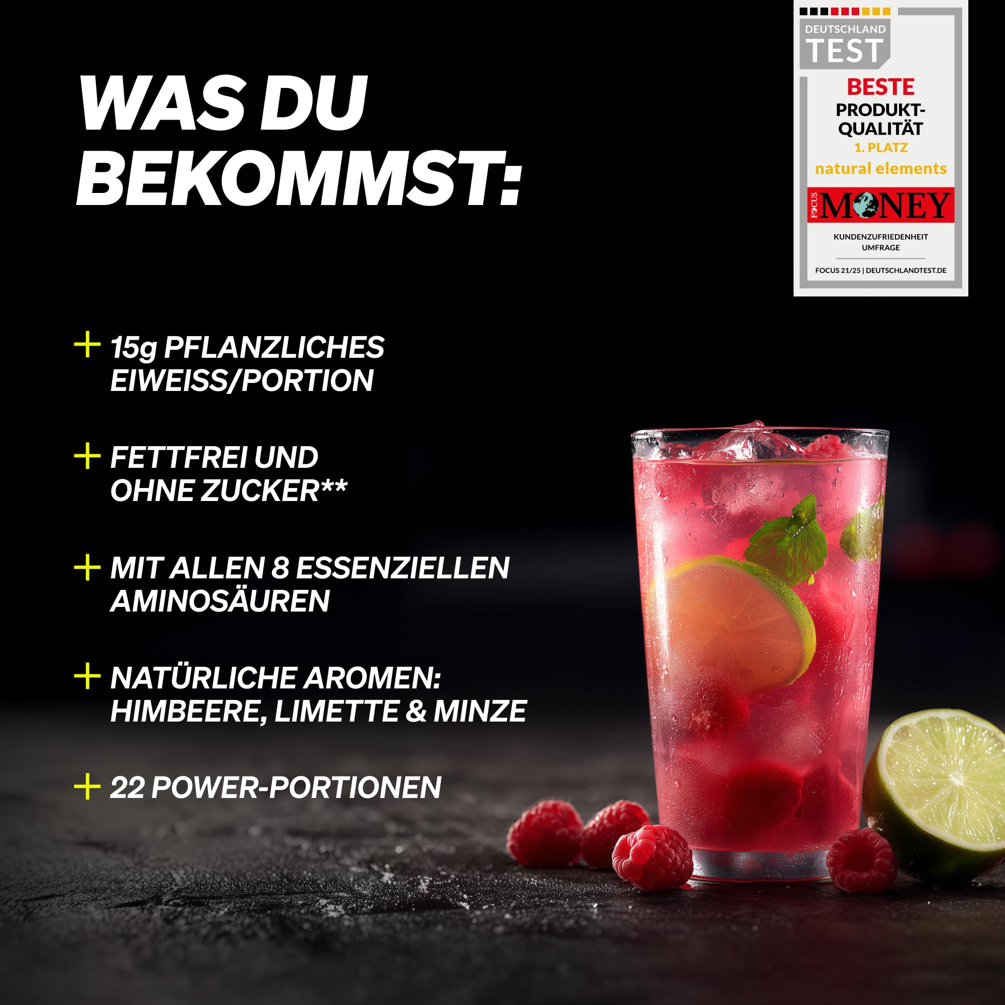 natural elements Clear Vegan Hydrolysate 450g – Raspberry Mojito – Proteinpulver – erfrischender Protein-Shake – ohne Whey Isolate – in Deutschland produziert & laborgeprüft