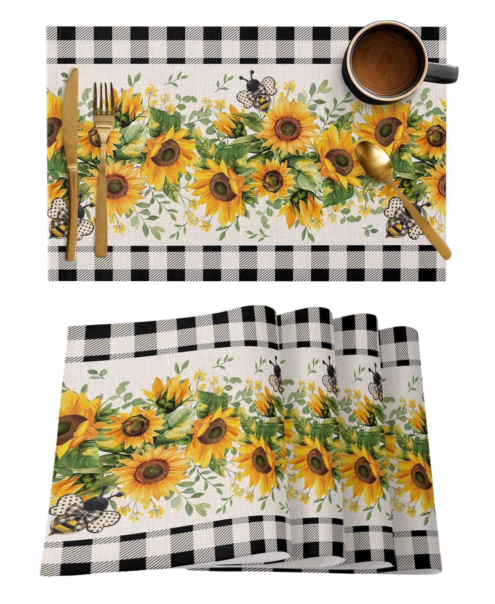 Sunflower Placemats Set of 4 Summer Bee Rustic Black White Buffalo Plaid Linen 13x19 Inch Washable Non Slip Linen Table Mats, Rustic Summer Placemats