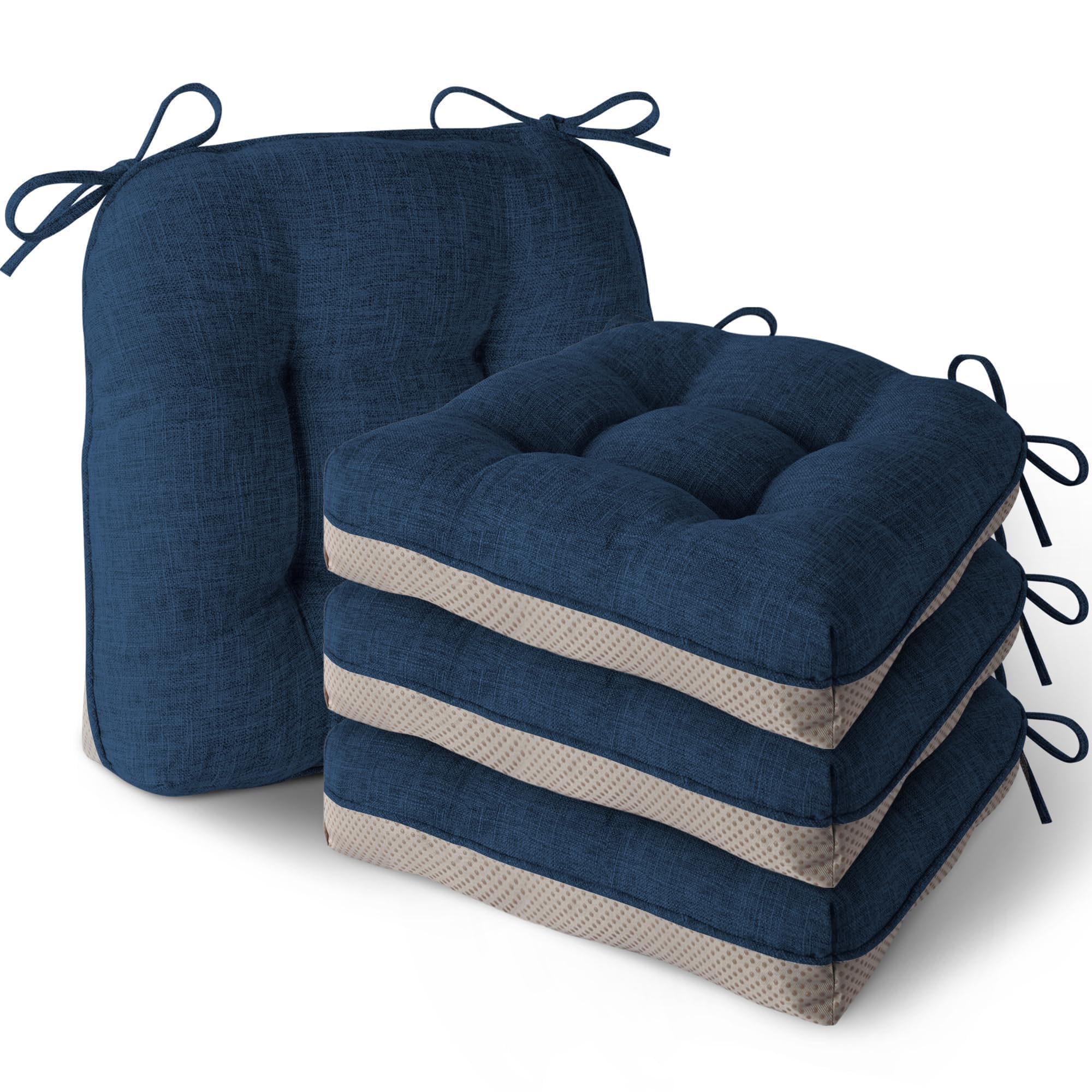 MineCozy Indoor Seat Cushions for Dining Chairs Non Slip Kitchen Chair Cushions Set of 4 Thick Tufted Seat Pads with Ties for Dining Room 40x40x8.5cm Navy