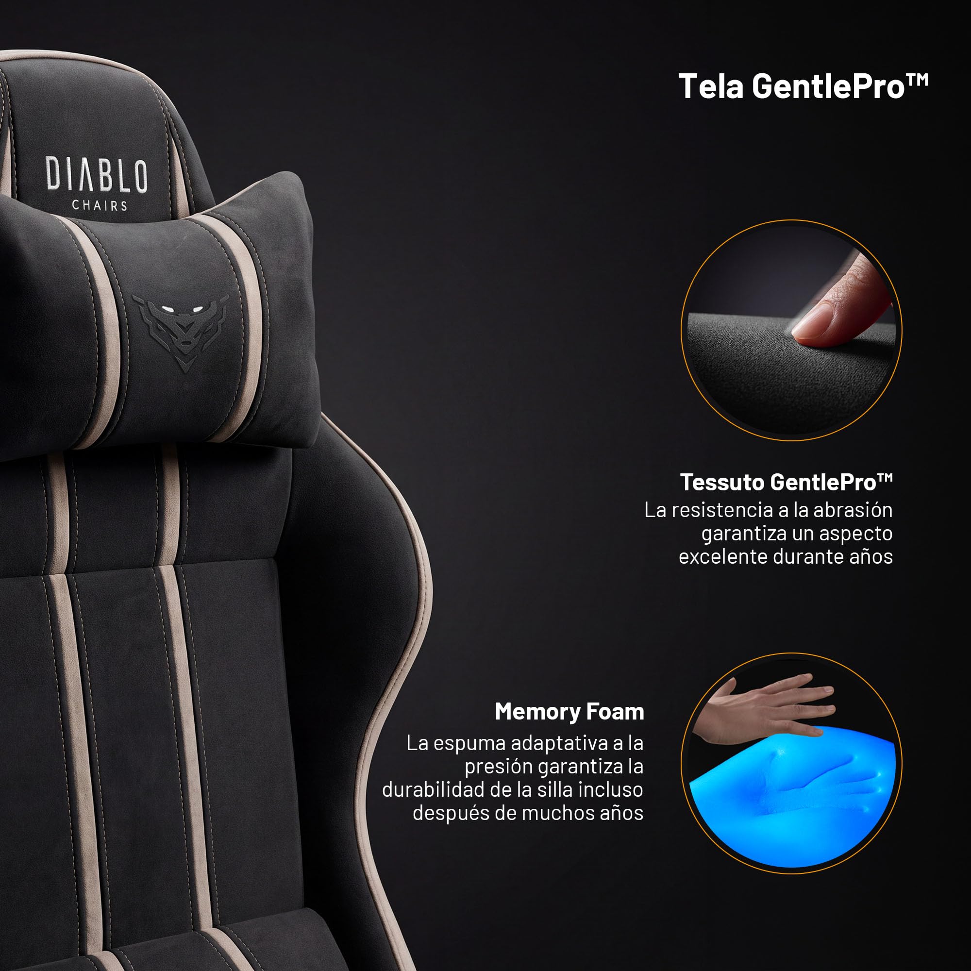 Diablo Silla Gaming ergonomica Tela Transpirable Silla Gamer giratoria hasta 140 kg Respaldo reclinable 140 Grados reposabrazos 3D Ajustables cojin Lumbar reposacabezas Oficina Camel Black