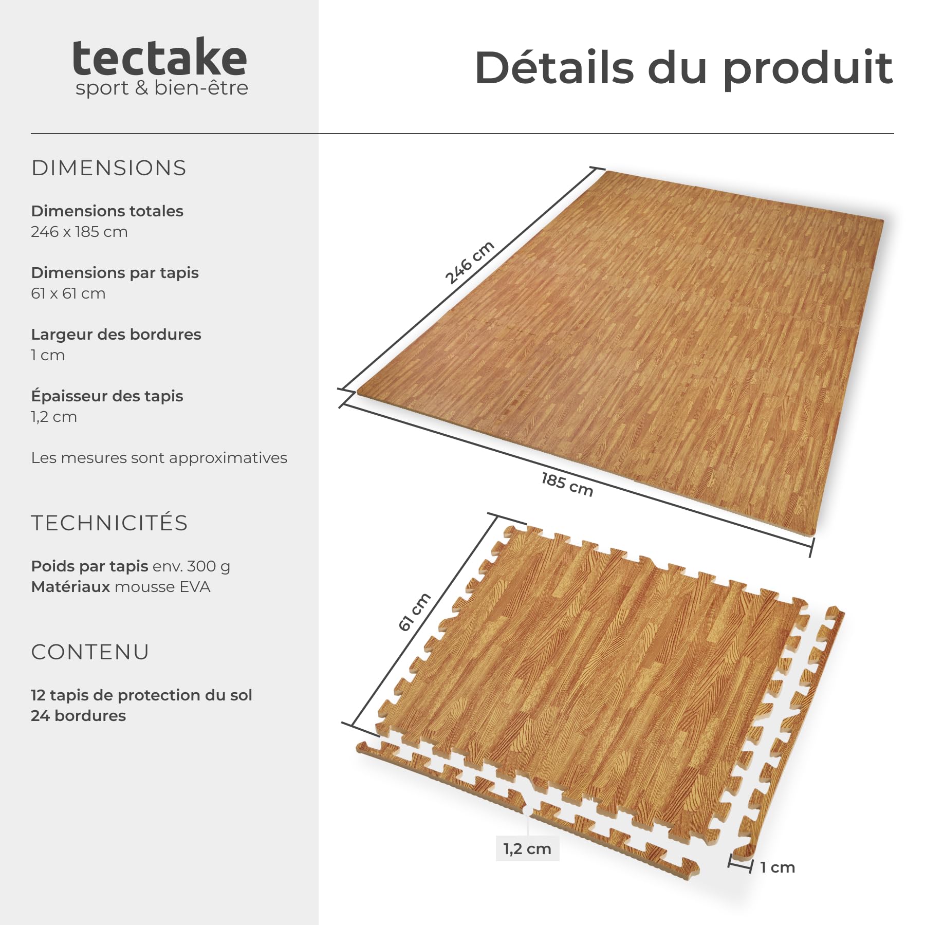 tectake® Tapis de sport, 12 dalles mousse 61 x 61 x 1 cm, Mousse EVA, Tapis de gym, Isolant thermique et acoustique, Musculation, Fitness, Gym, Yoga, Sol salle de sport Dalle garage Tatami, Effet bois