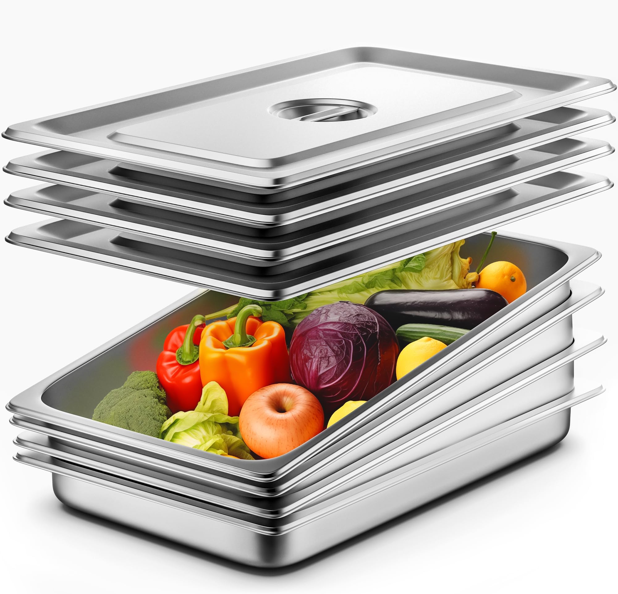 4 Pack Full Size Hotel Pans with Lids, 2.5" Deep Stainless Steel Steam Table Pan with Lid, 22 Gauge Anti Jam Commercial Catering Food Pans for Hotel, Home, Party, Restaurant, Buffet