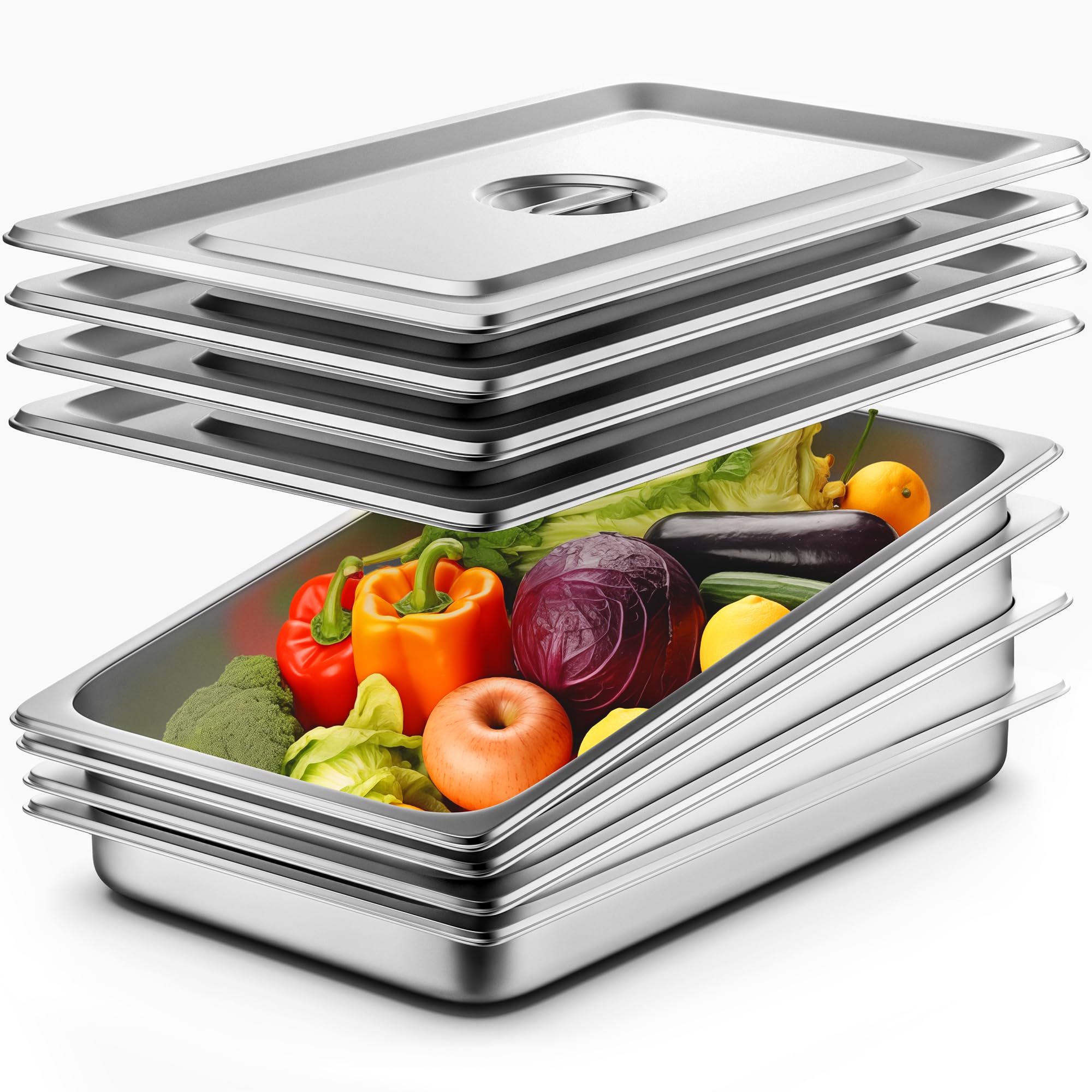 Hotel Pan 2.5" Deep Steam Table Pan 4 Pack Full Size with Lid - 22 Gauge Stainless Steel Anti Jam