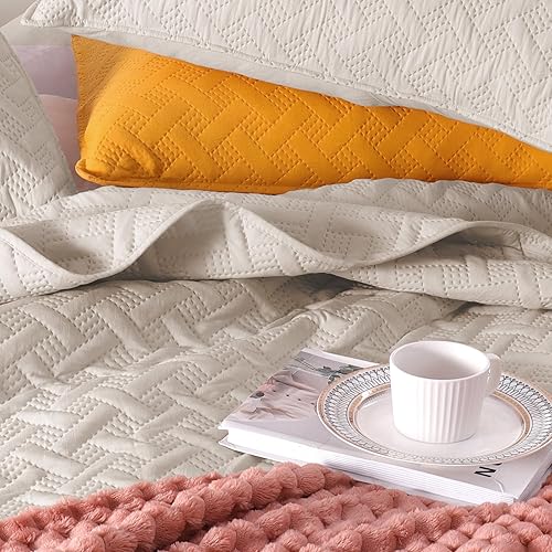 Miniatura 3 de Exclusivo Mezcla Juego de edredón tamaño Queen Matrimonial, colcha suave de hueso beige para todas las estaciones, juego de ropa de cama ligero y