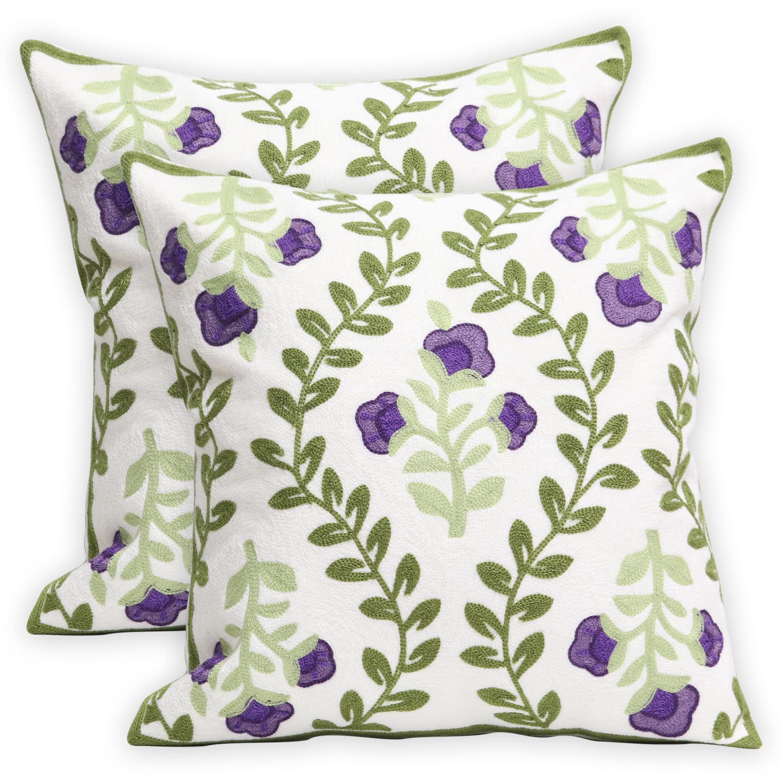 Pilmandu Set of 2 Embroidered Decorative Throw Pillow Covers Couch Square Pillowcases Cushion for Bedroom Sofa Farmhouse Decor 18x18 Inch (Purple Floral)