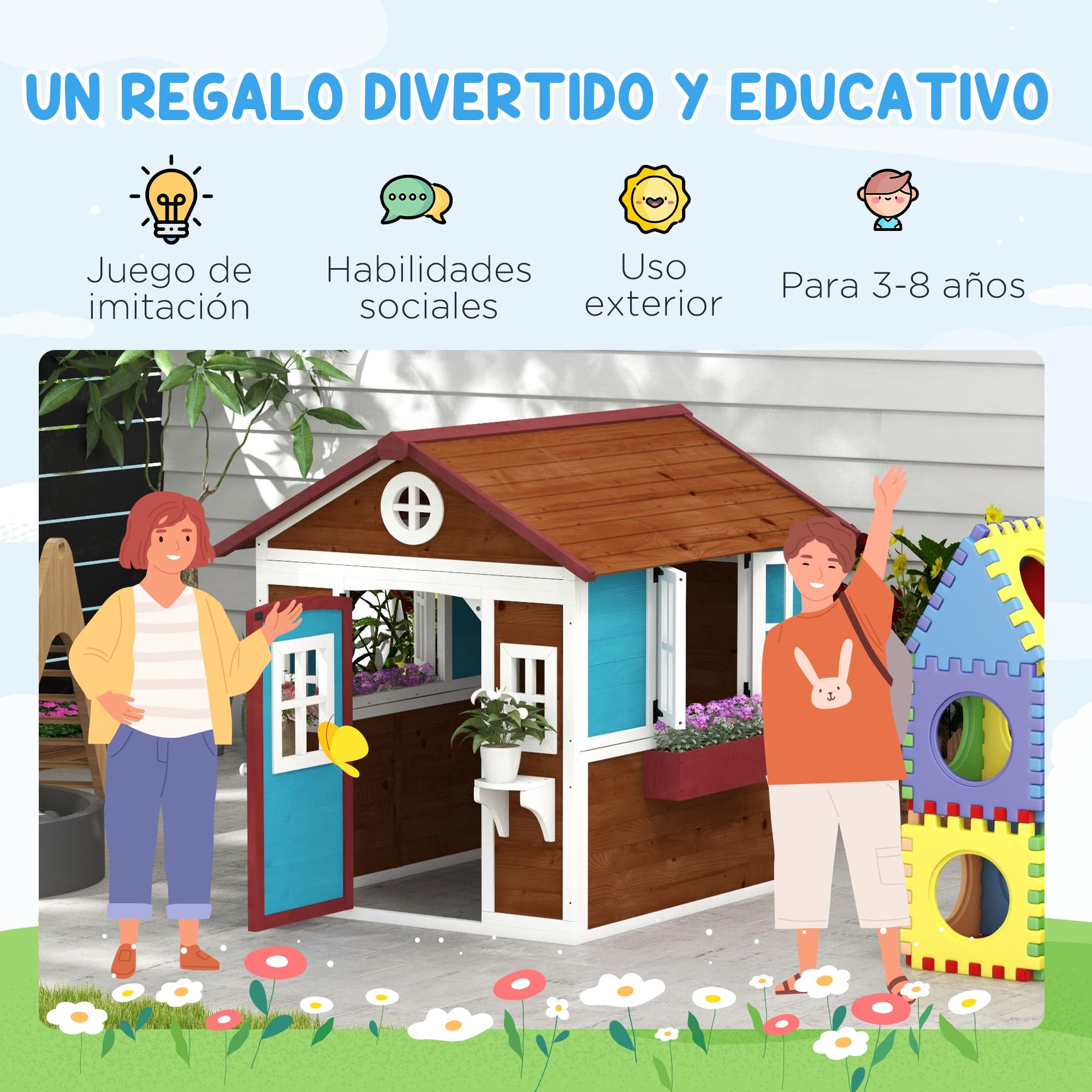 Outsunny Casita Infantil Madera Puerta Ventanas Jardineras Soportes Flores Casa Jardín Niños 3-8 Años Marrón Oscuro