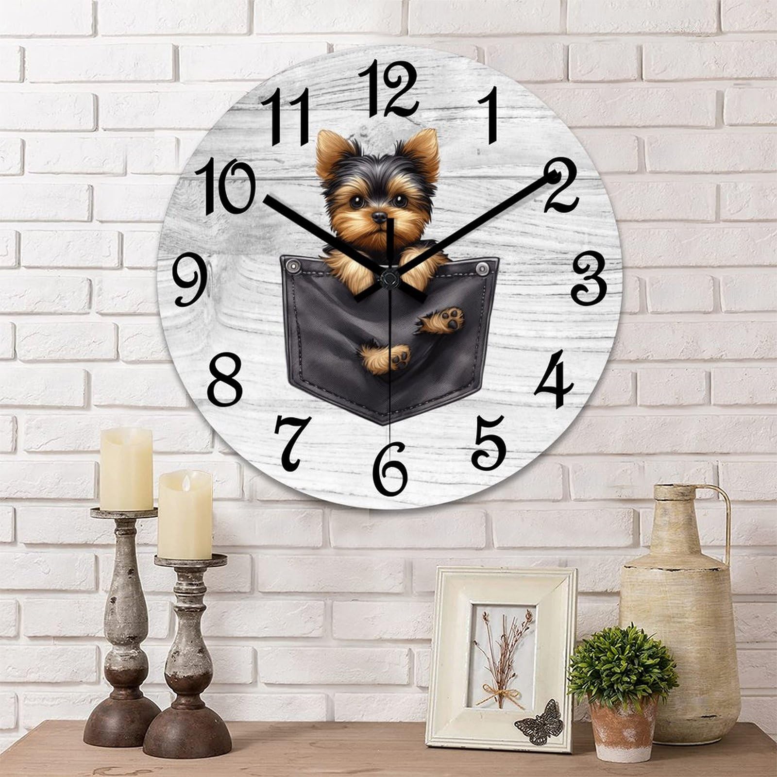 Horloge murale Yorkshire Terrier idée cadeau pendule bois silencieuse 38cm pour amoureux des chiens