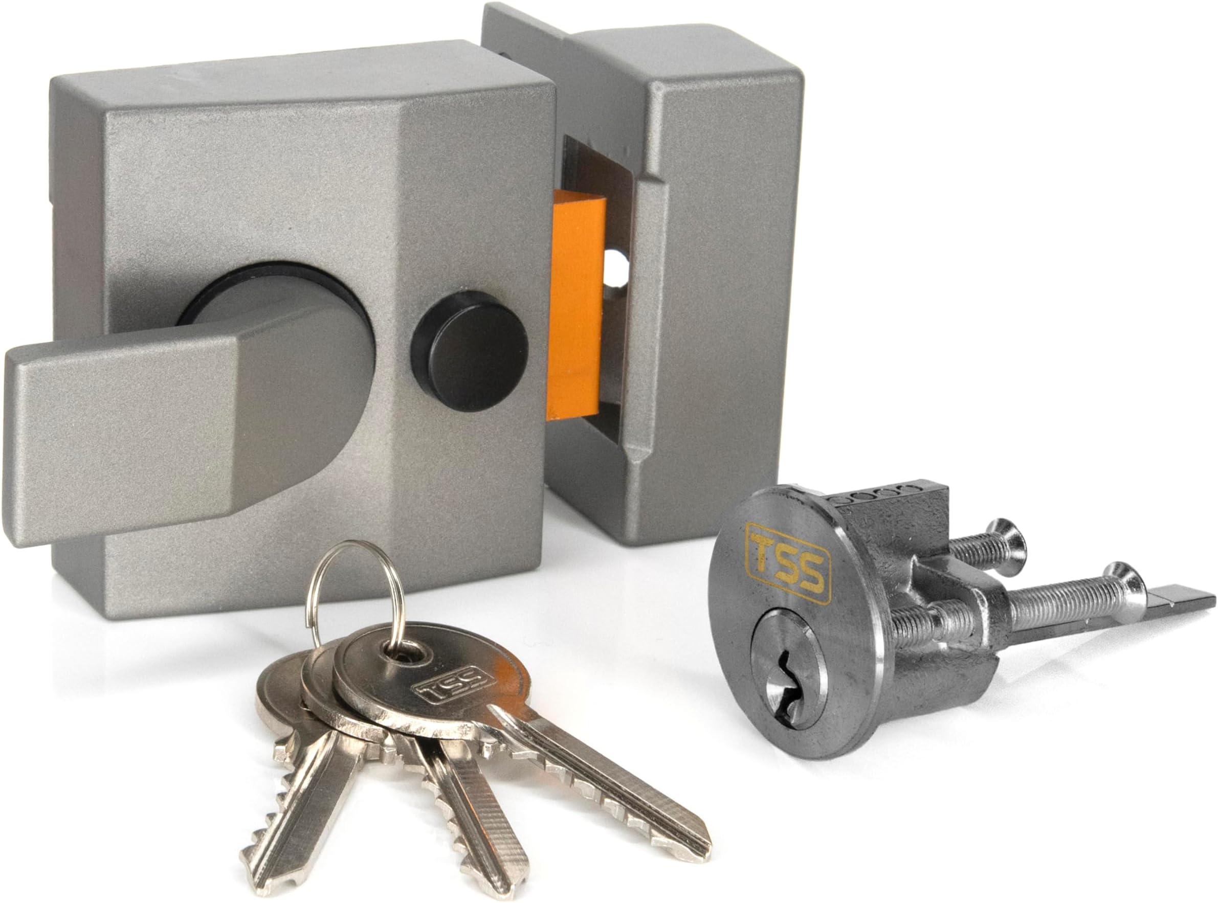 Modern Non-Deadlocking Nightlatch, 40mm Backset, Complete with Rim Cylinder Lock Supplied with 3 Keys. External Door Lock for Front Door and Back Door (Grey Lock/Silver Cylinder)