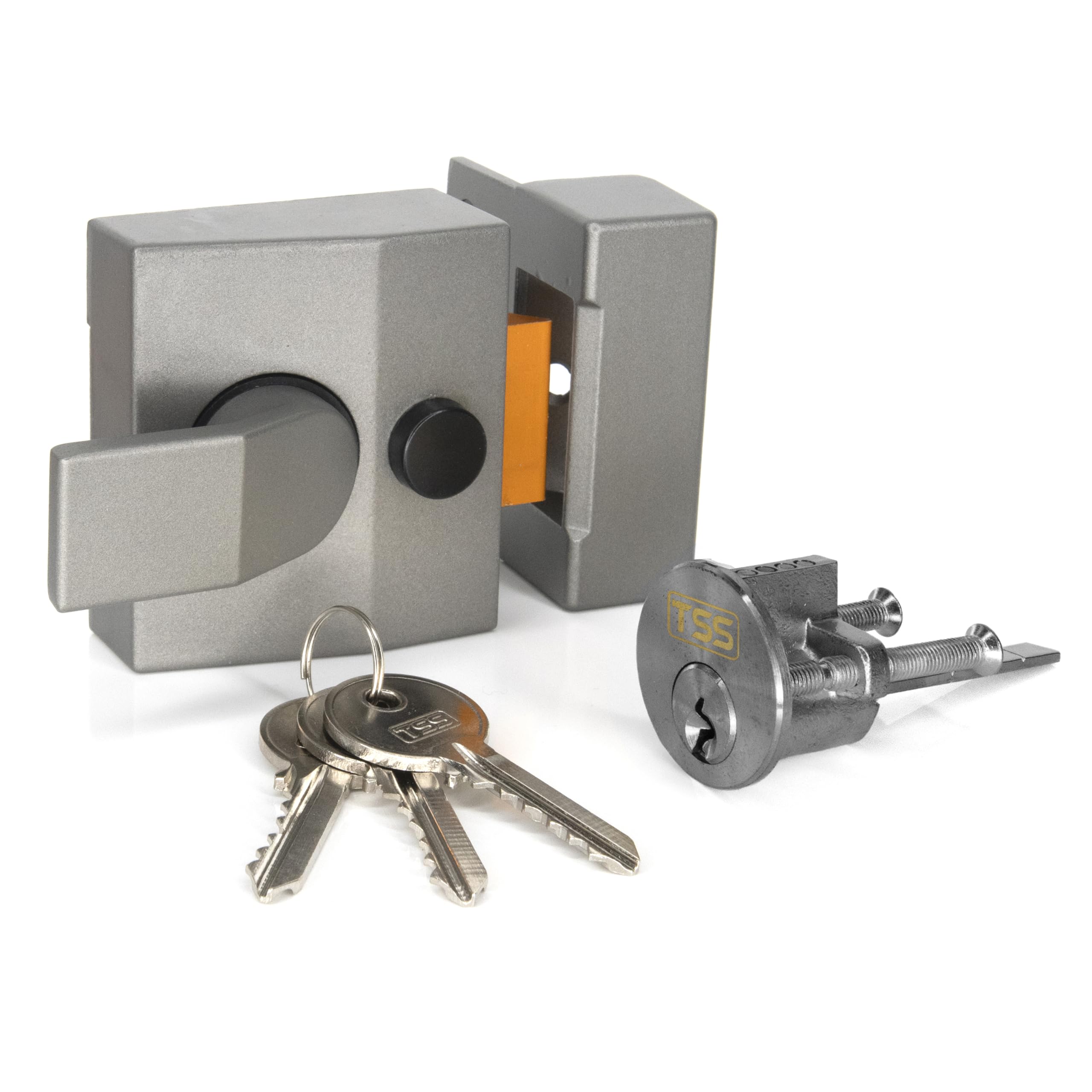TSS Modern Deadlocking Nightlatch, 40mm Backset, Complete with Rim Cylinder Lock Supplied with 3 Keys. External Door Lock for Front Door and Back Door. (Grey Lock/Silver Cylinder)